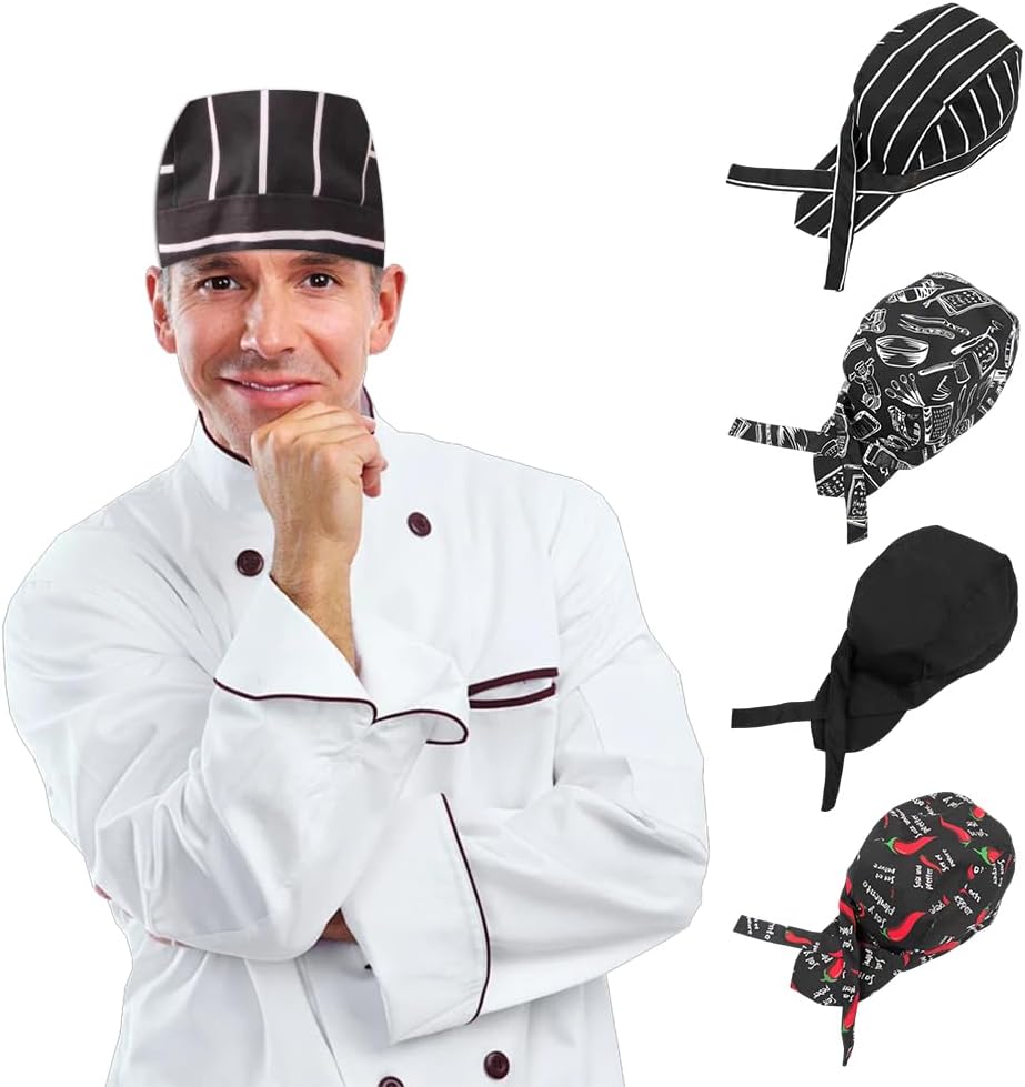 4 Pcs Adjustable Tie Back Chef Hats Breathable Chef Skull Cap Kitchen Cooking Cap Cook Working Hat for Men Women