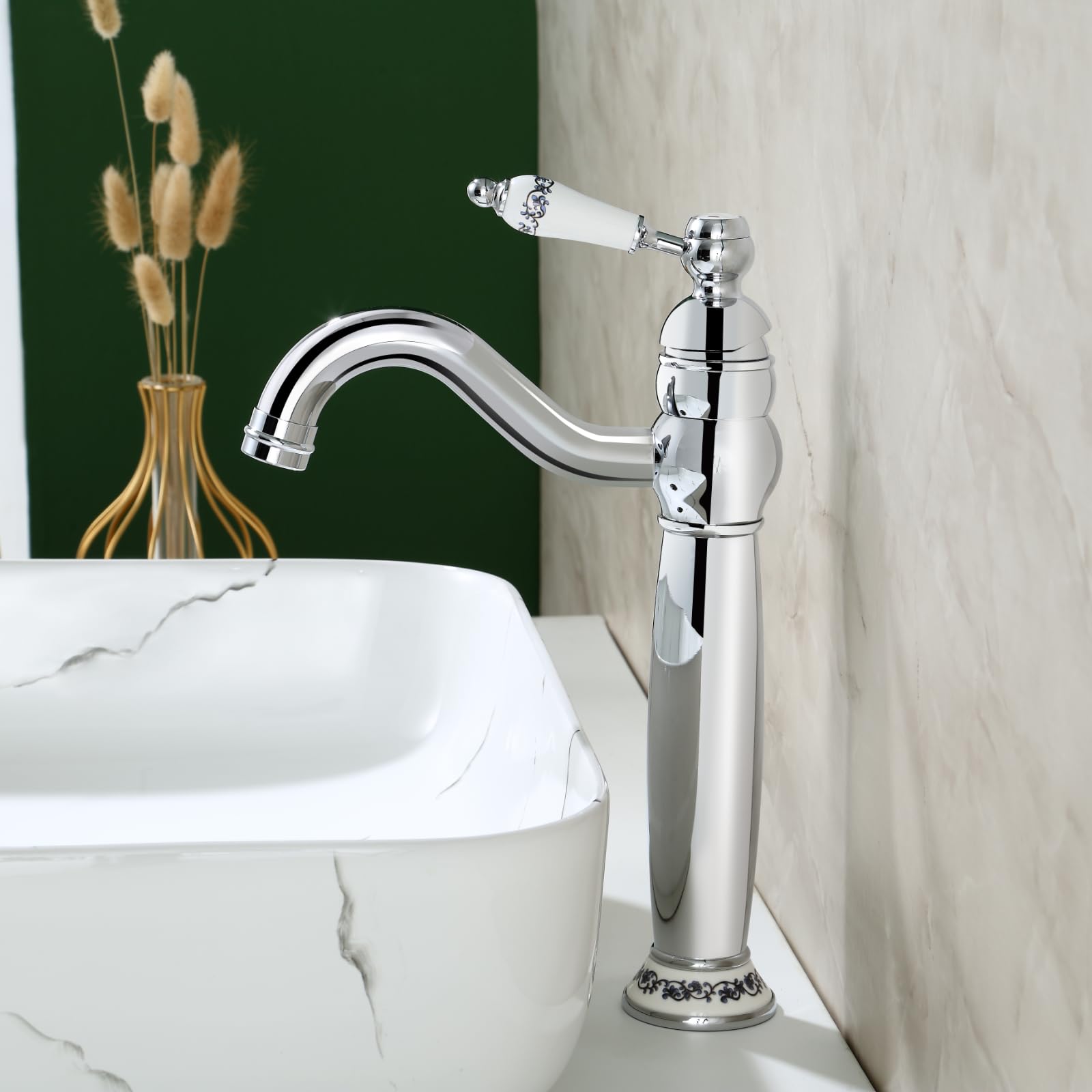 OUGOO Tall Basin Mixer Tap for Countertop Basin High Rise Traditional Bathroom Sink Tap with Ceramic Lever Handle