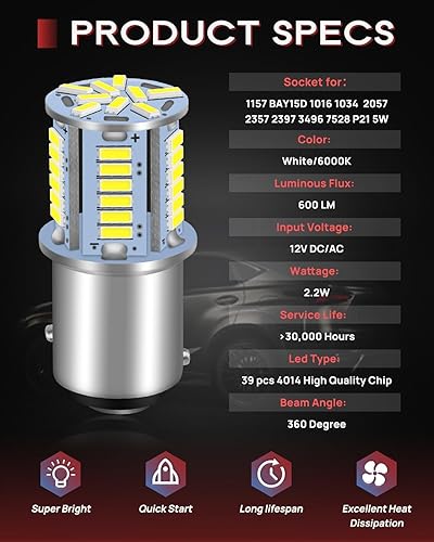 Miniatura 4 de JEFLYM Bombillas LED 1157 2357 para automóvil, 12 V CCCA sin polaridad BAY15D 7528 2057 bombillas LED de repuesto para remolque de caravana, luz