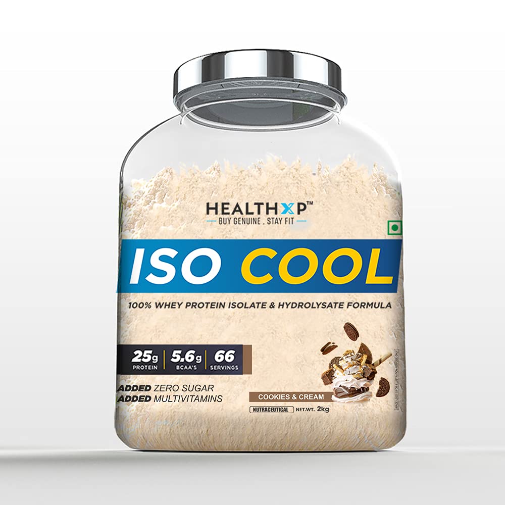 HealthXP Iso Cool 4.4 lbs, 2 kg, 25g Protein, Whey Protein Isolate & Whey Protein Hydrolysate Formula with Added Multivitamins (Cookies & Cream)