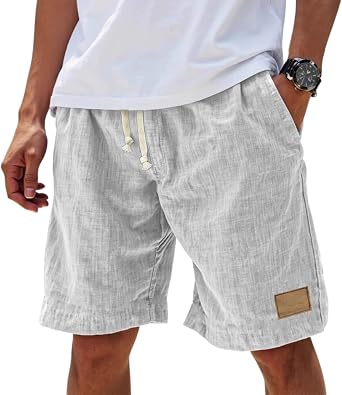 Mens Linen Shorts Casual Drawstring Elastic Waist Pants Summer Beach for Men with Pockets