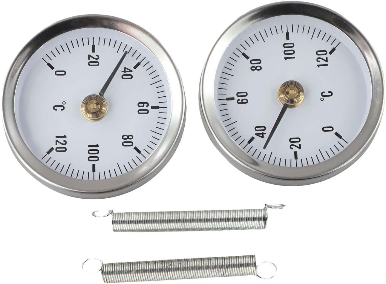 Stainless Steel Clamp-On Bimetal Pipe Thermometer, 63mm for Dial, 0-120°C Range for Heating Applications, 2-Pack with Spring Mount