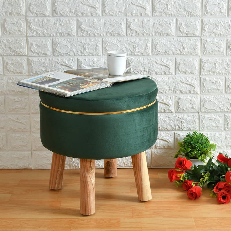 Image of Premium Velvet Round Ottoman Stool Cover - Stretch Ottoman Slipcover for Vanity & Footstool - Washable, East to Remove & Fits in 16-Inch Diameter, 8 Inch Box Height, Green