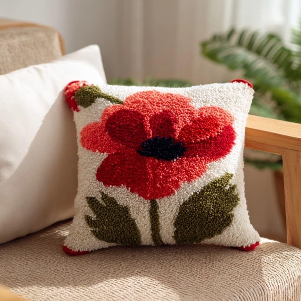 AxiangziK Latch Hook Pillow Kit 17x17in,Red Flowers