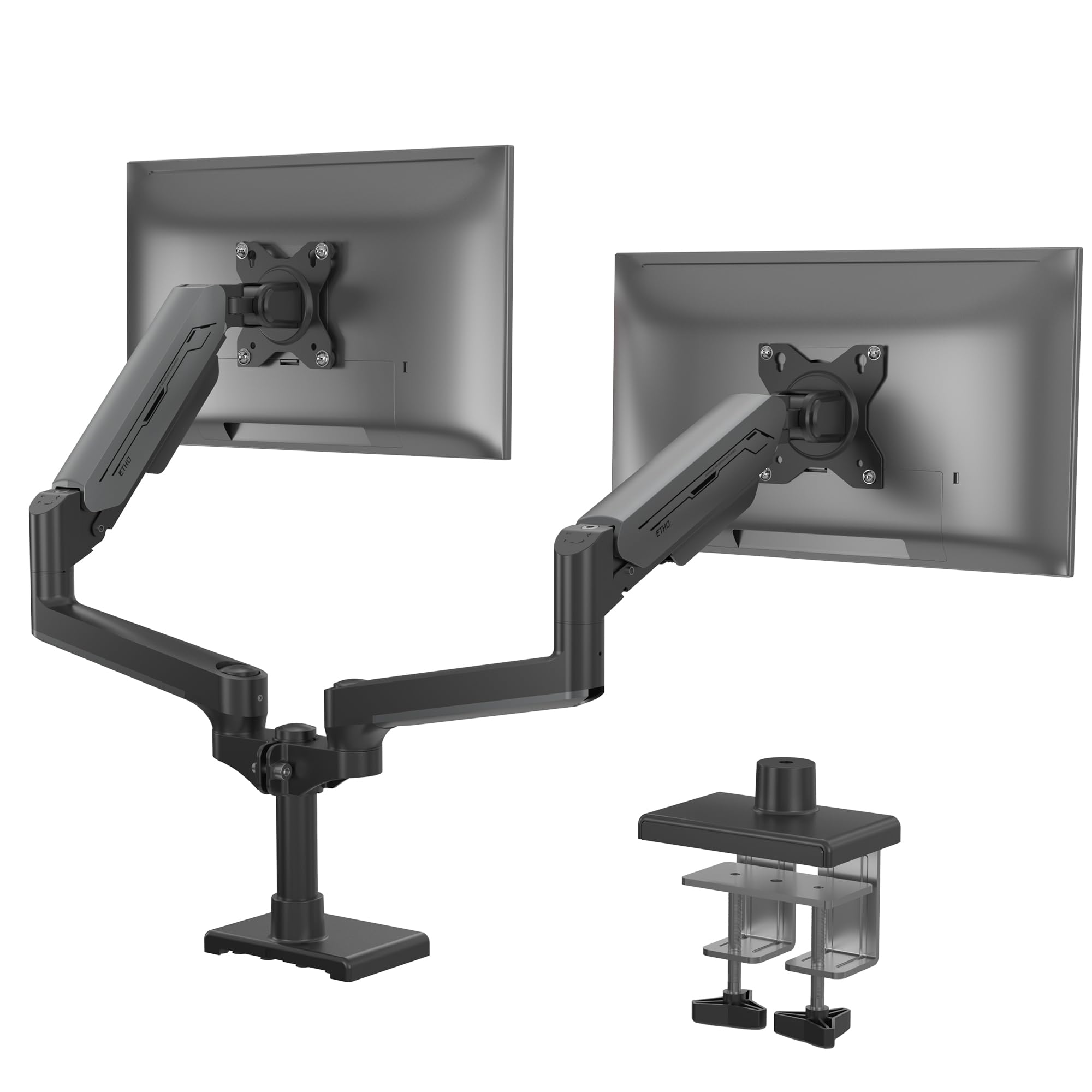 ETHU Monitor Halterung 2 Monitore für 17″–38″, Stabile Bildschirm Halterung bis 12 kg, Dual Monitor Arm mit C-Klemme und Tüllenbefestigung, VESA 75 & 100 mm, Schwarz-Grau