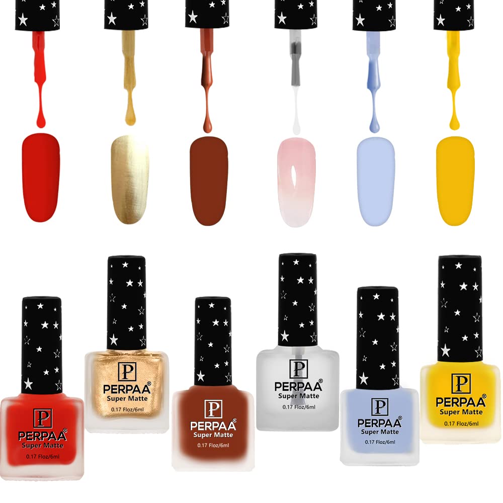 PERPAA® Super Matte Luxury Nail Polish Set of 6 Vibrant Shades 6 ML Each (Red,Yellow,Brown,Light Blue,Transparent,Gold)