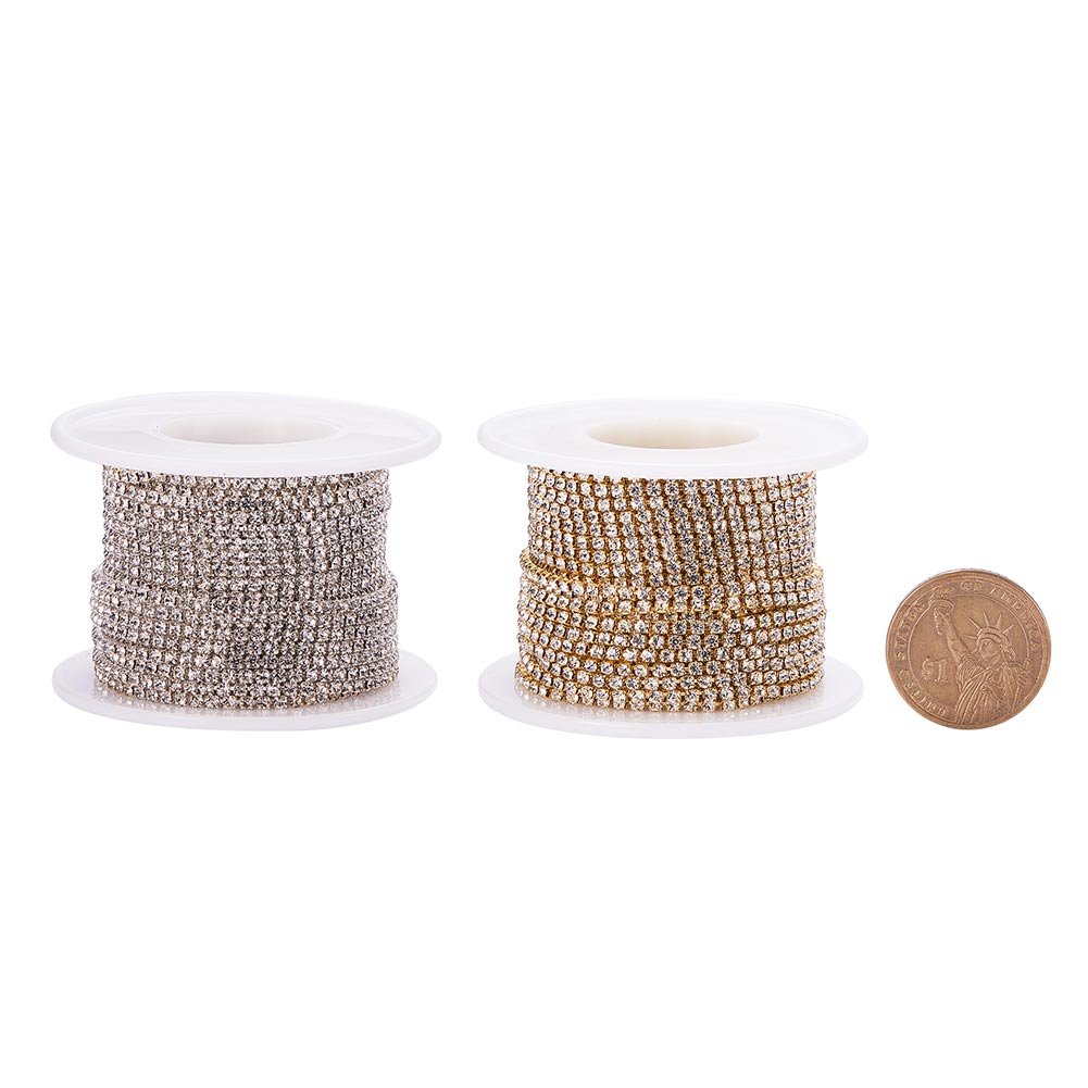 BENECREAT 2 Rolls 10 Yard Crystal Strass Artigianato da Cucire a Catena di articolazione, 2mm - Argento e Oro (Fondo Argento)