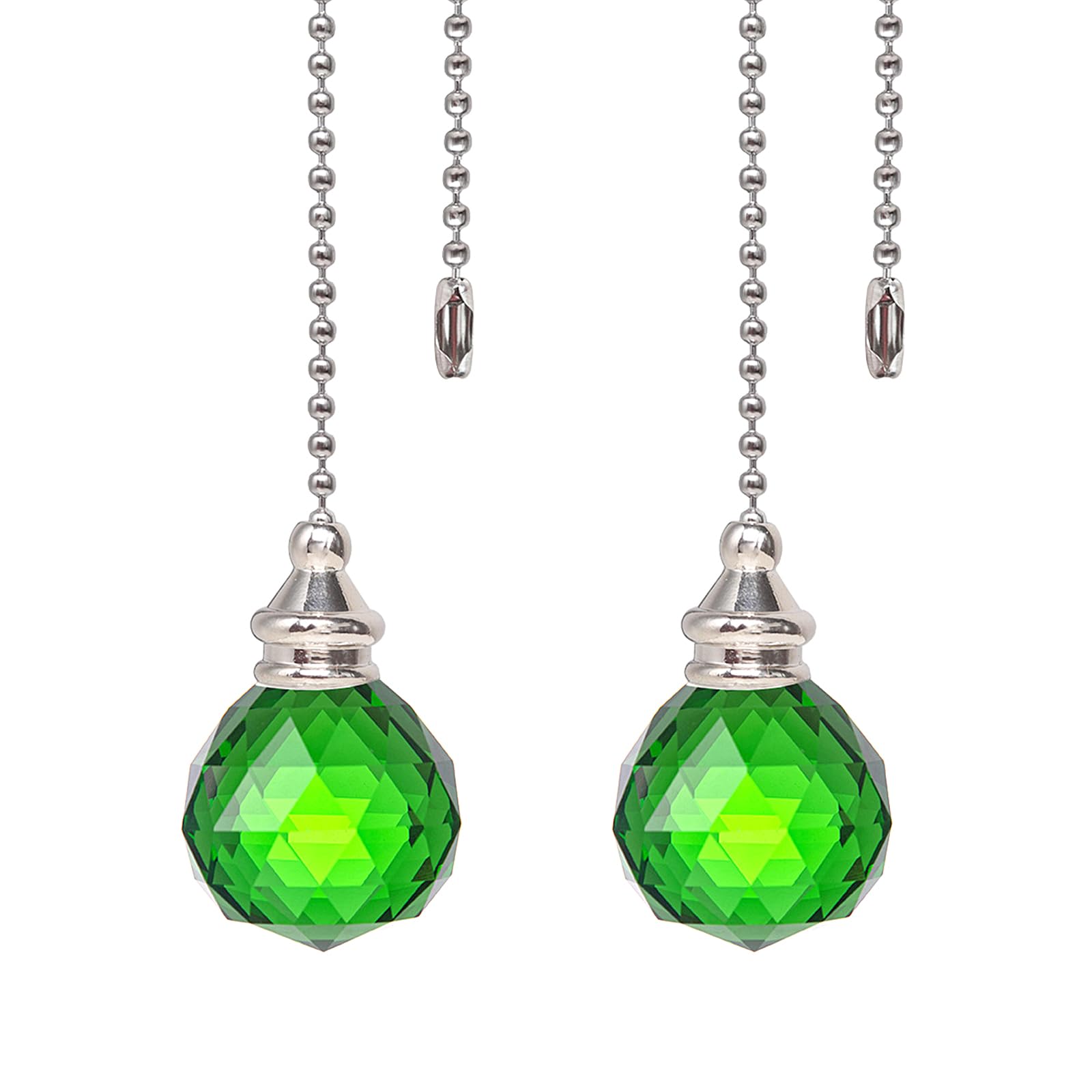 Green 2 Pieces Crystal Ceiling Fan Pull Chain Dazzling Crystal Prism Ball 30mm Pull Chain Extension with Connector for Ceiling Light Fan