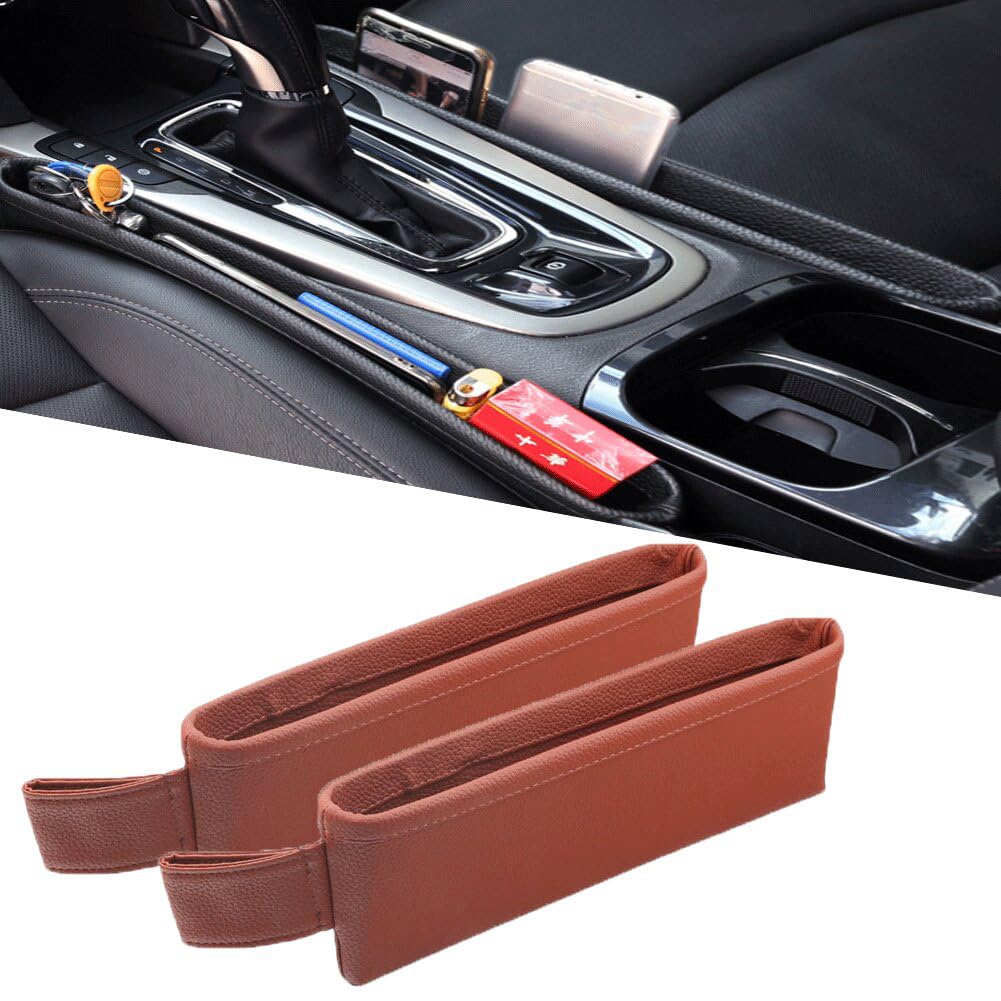 Tumecos Car Seat Pockets PU Leather Car Console Side Organizer Seat Catcher Holders Compatible with Phone Key Wallet Phone Sunglasses 2 Pack (Brown)
