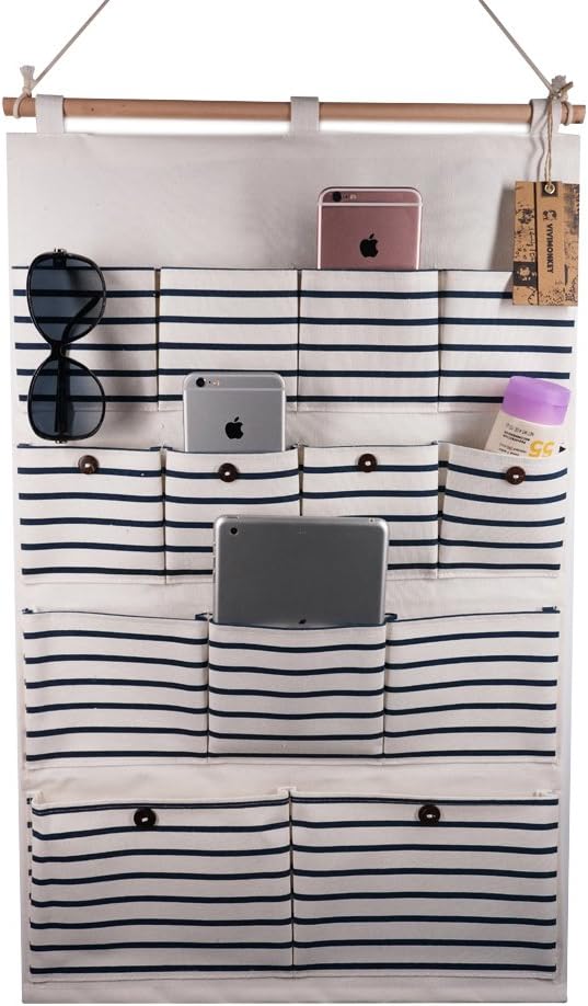 Hanging Organizer with Pockets Fabric Wall Door Storage Home Cloth Closet Organizing Bags - Blue Stripe (13 Pockets)