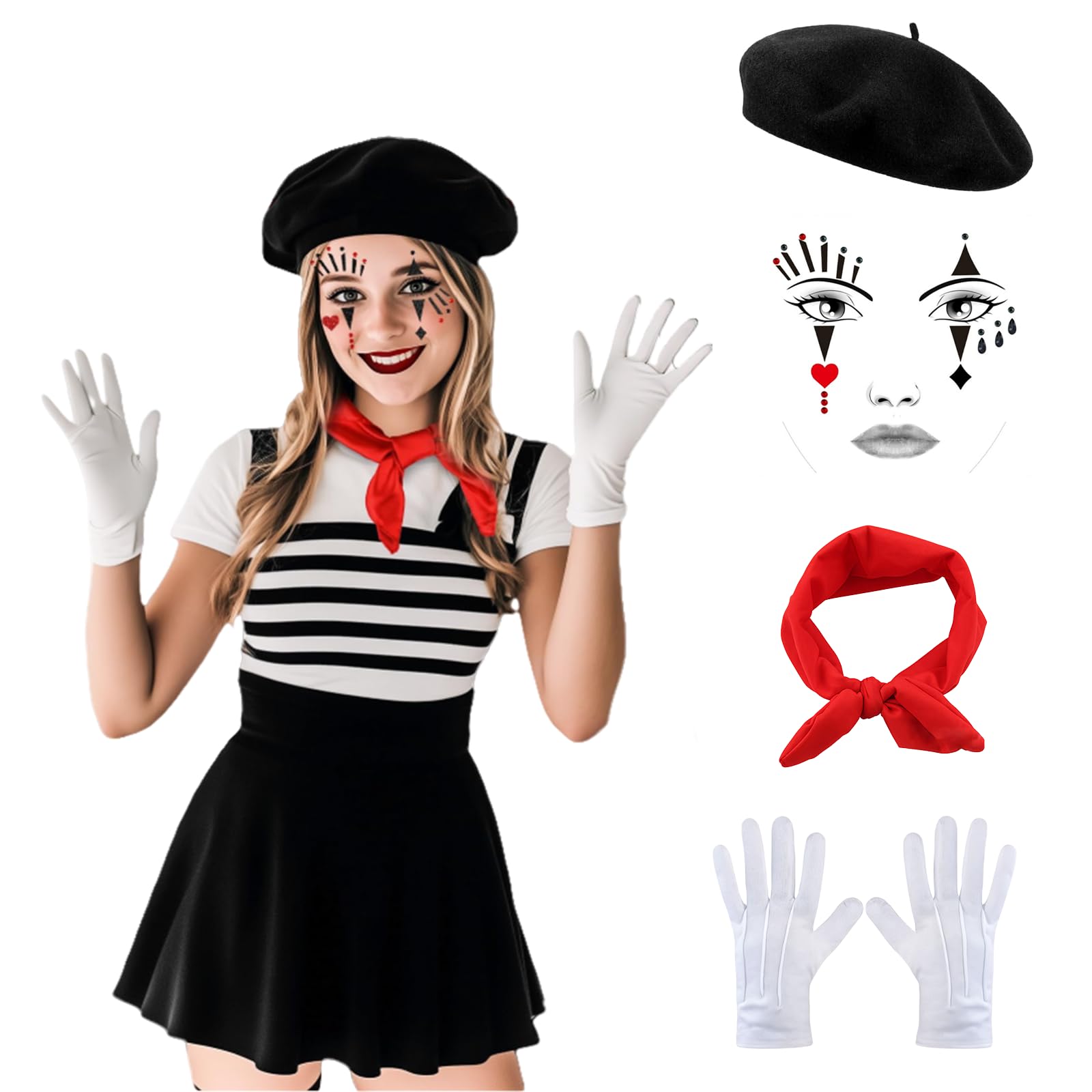Pantomime Costume Women Men Carnival Pantomime Costume Black Beret Hat Red Cloths White Gloves Face Tattoo Women Men Fancy Dress Costumes Carnival Tema Party