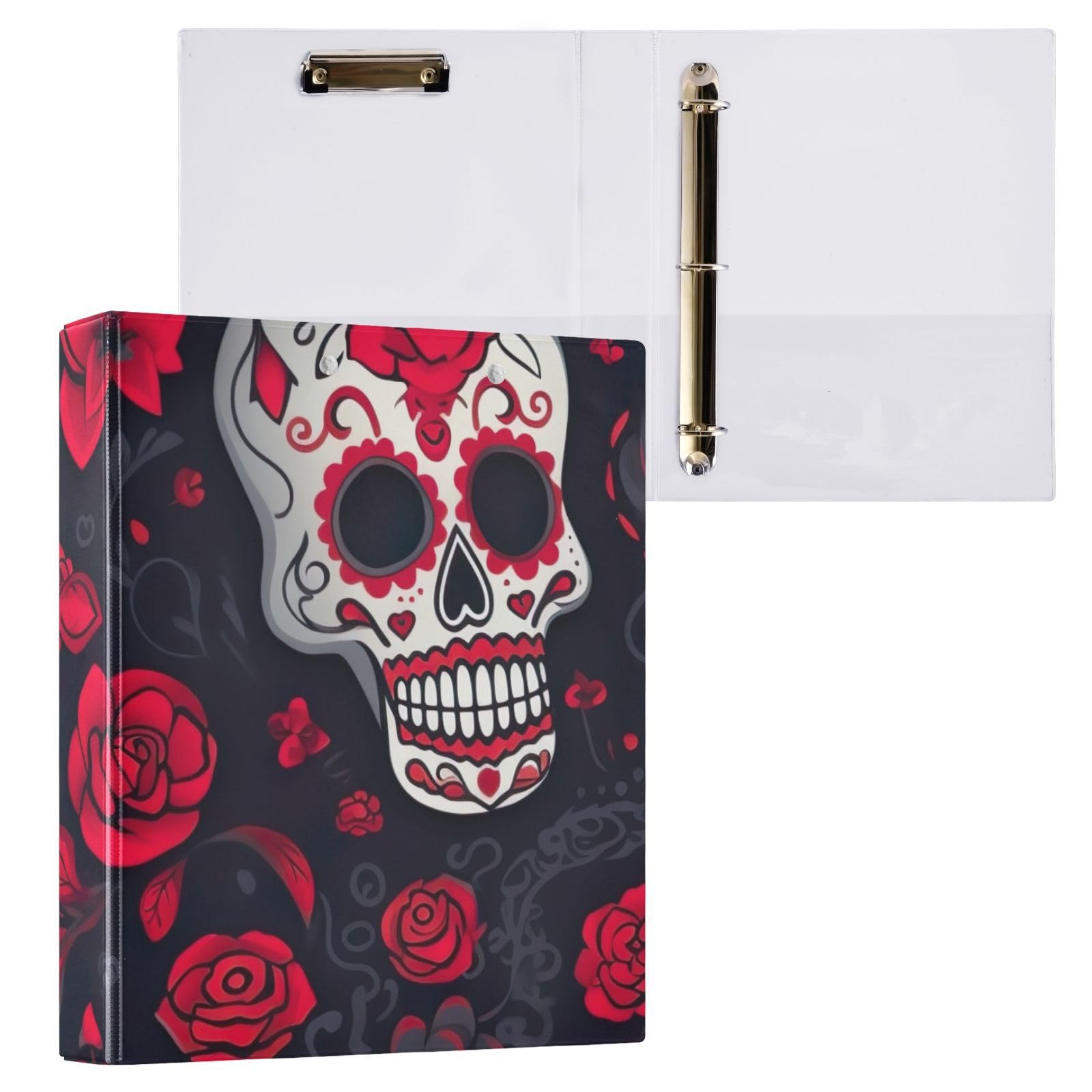 Raccoglitore a 3 anelli da 3,8 cm, con motivo floreale rosso e teschio di zucchero, con portablocco e 3 raccoglitori per scuola, università, ufficio