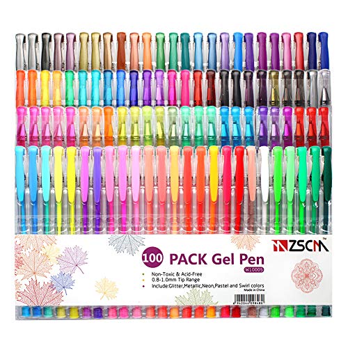 ZSCM 100 Unique Colors Gel Pens Set With Case for Adult Coloring Books