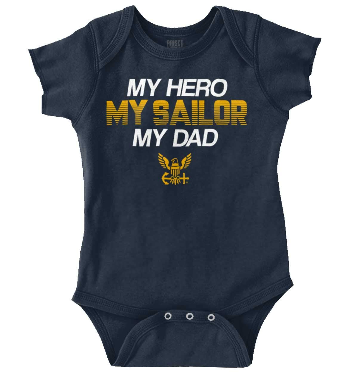 Brisco BrandsBrisco Brands US Navy Logo My Dad Hero Sailor Baby Romper Boys or Girls