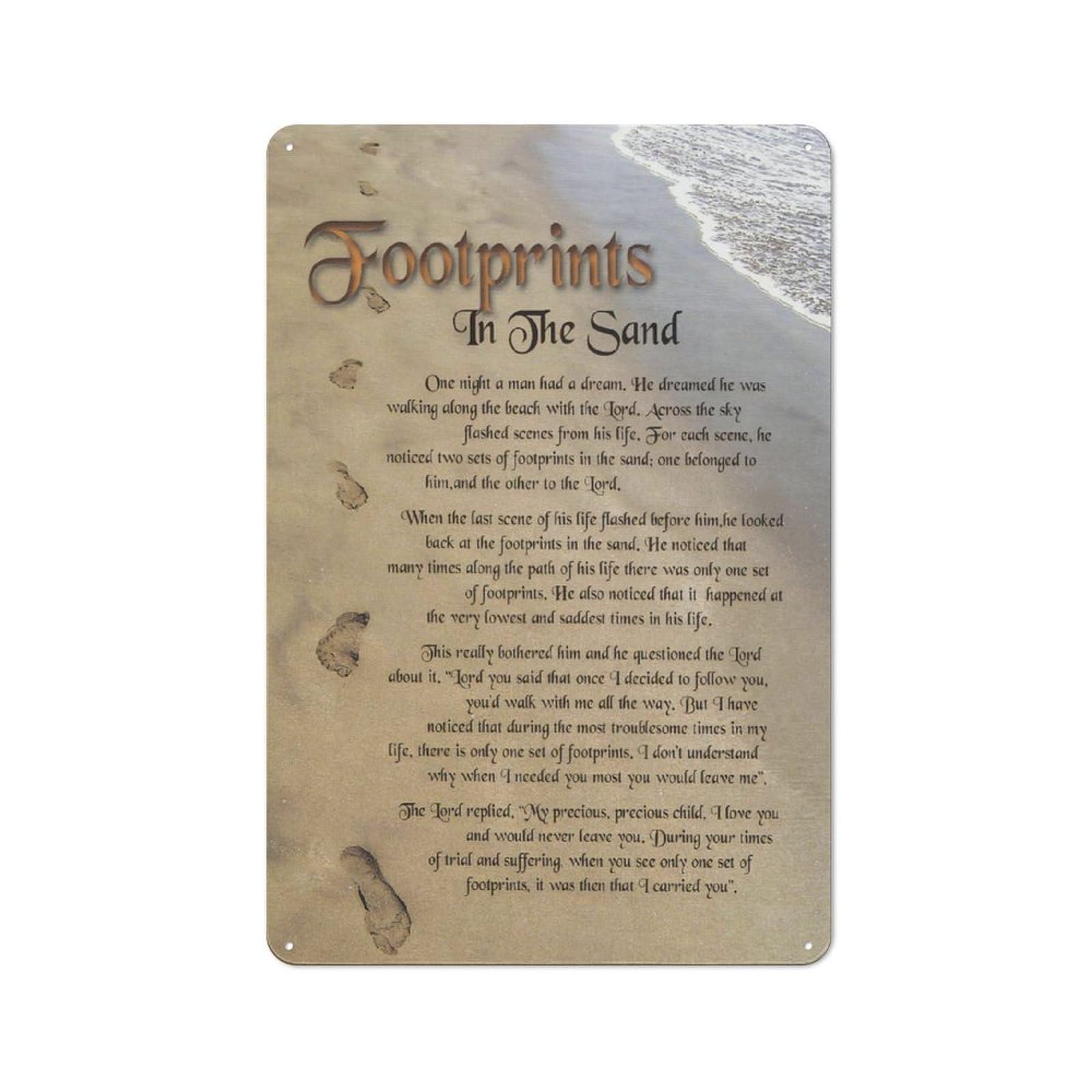 Rustic Metal Tin Sign Footprints In The Sand Wall Art, Religious Footsteps Poem Prints For Christian Home Decor, Inspirational Religious Artwork, Motivational Quotes Wall Art Living Room 8x12 Inch