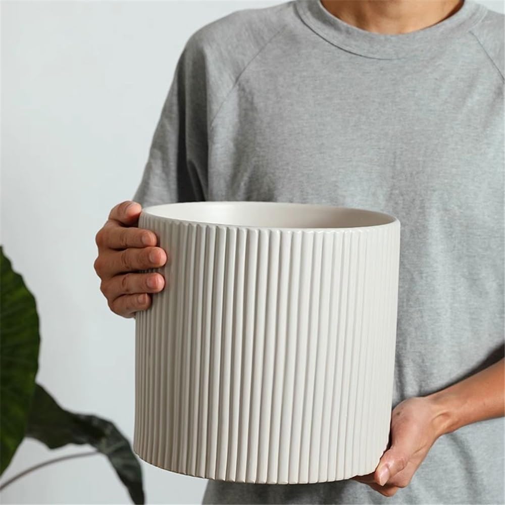 Doniczka cylindryczna jasnozielona doniczka na kwiaty do użytku wewnątrz i na zewnątrz z smugami ceramiczna doniczka z otworami drenażowymi donica stołowa do domu, patio, ogrodu