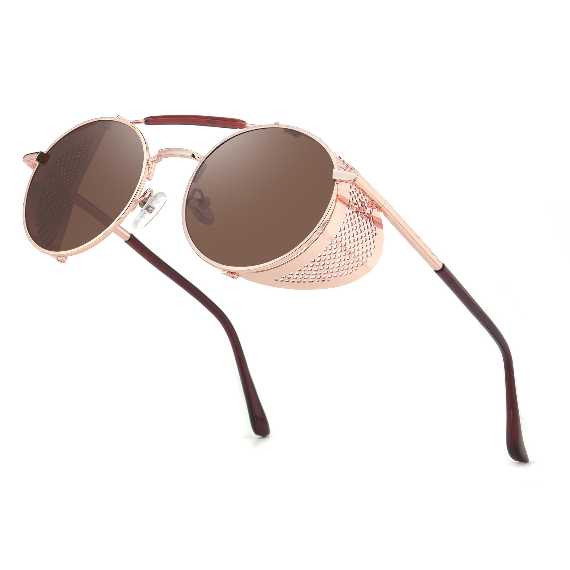 RONSOU Steampunk Round Sunglasses for Men Women, Side Shields
