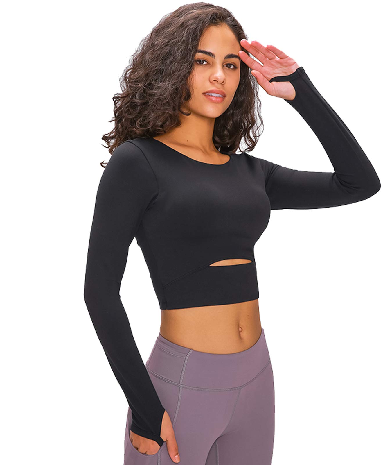 Workout Yoga Tops for Women, Removable Crop Top Padded Compression Long Sleeve Fitness Athletic Yoga Sports Shirt