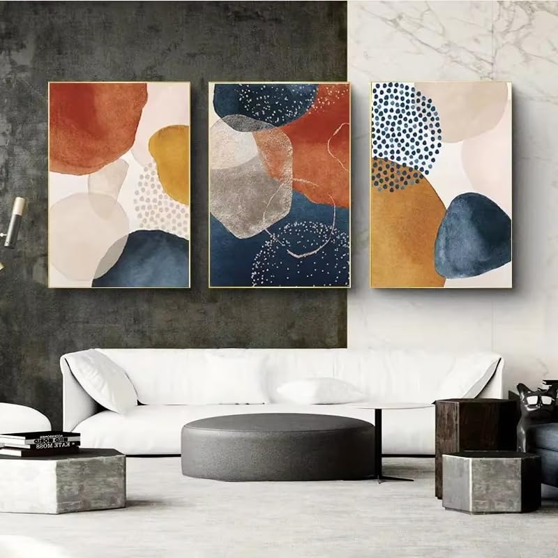 Tableau abstrait moderne décoration murale salon triptyque bleu et orange