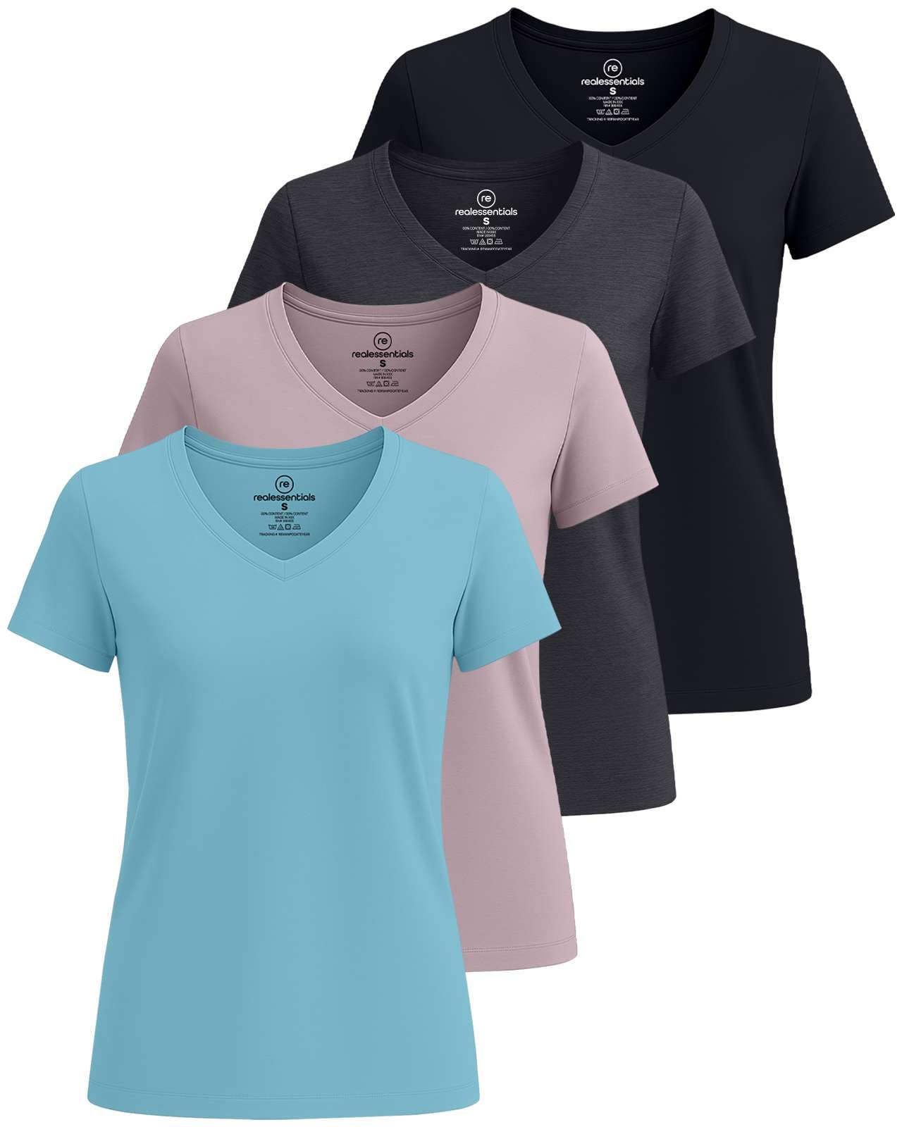 Real Essentials 4 Pack: Women's Classic-Fit Cotton Short-Sleeve V-Neck T-Shirt (Available in Plus Size)