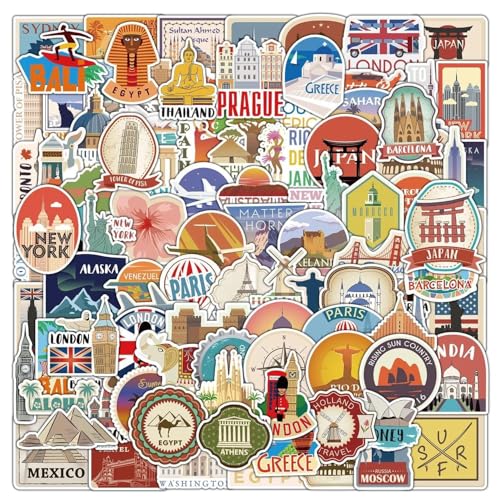Travel Scrapbook Stickers Adults, 100 Pcs Travel Map Country StickerSet, World Travel Stickers, Waterproof Vintage City Landmark Vinyl Decals for Scrapbook...