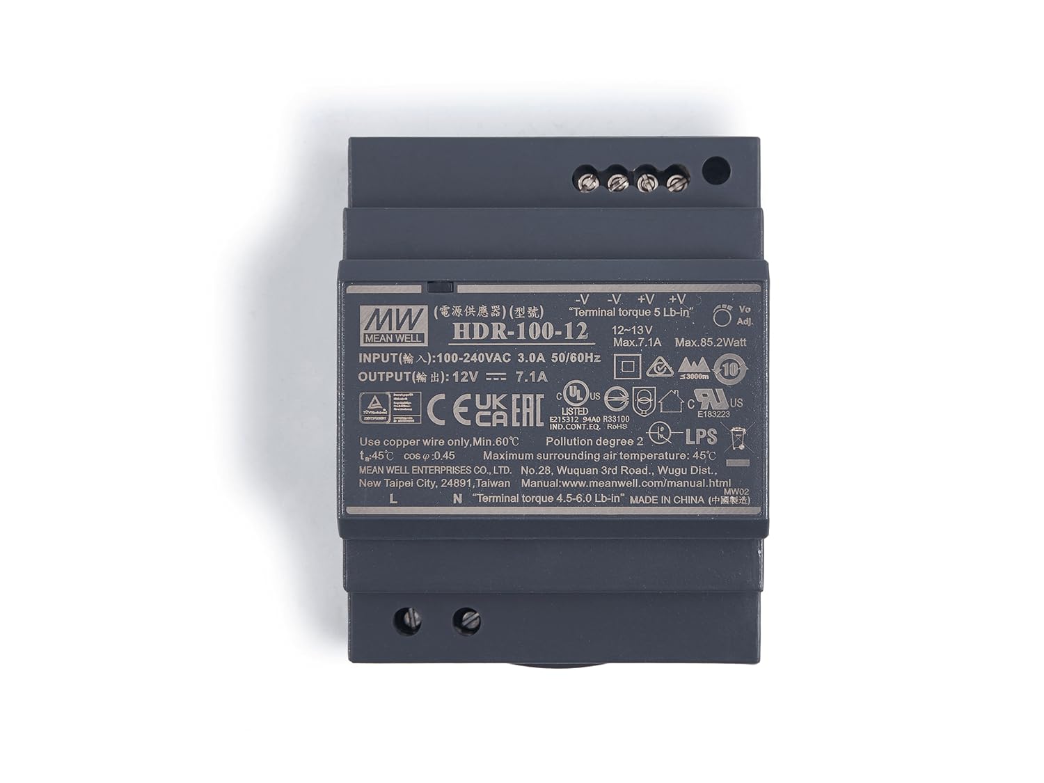 Industrieschienen Trafo DIN Mean Well - Hutschienen Netzteil mit 12V, 100Watt, 7.1A - Schutzart IP20 - Hutschienen Netzteil DIN-Rail - Überspannungsschutz - Passivkühlung - 58x70x92mm