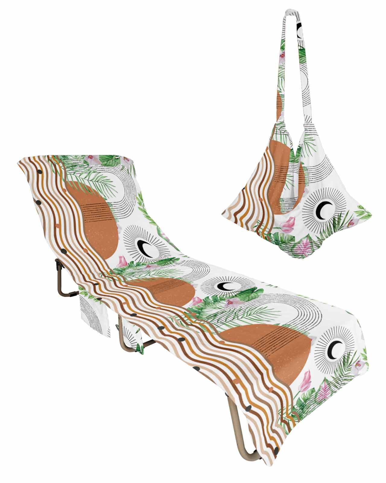 Boho Beach Chair Towel Covers for Chaise Lounge With Side Pocket, Soft Plush Pool Towels Cover for Patio Sunbathing Outdoor 29''x85'' Middle Century Green Leaves Plant Modern Minimalist