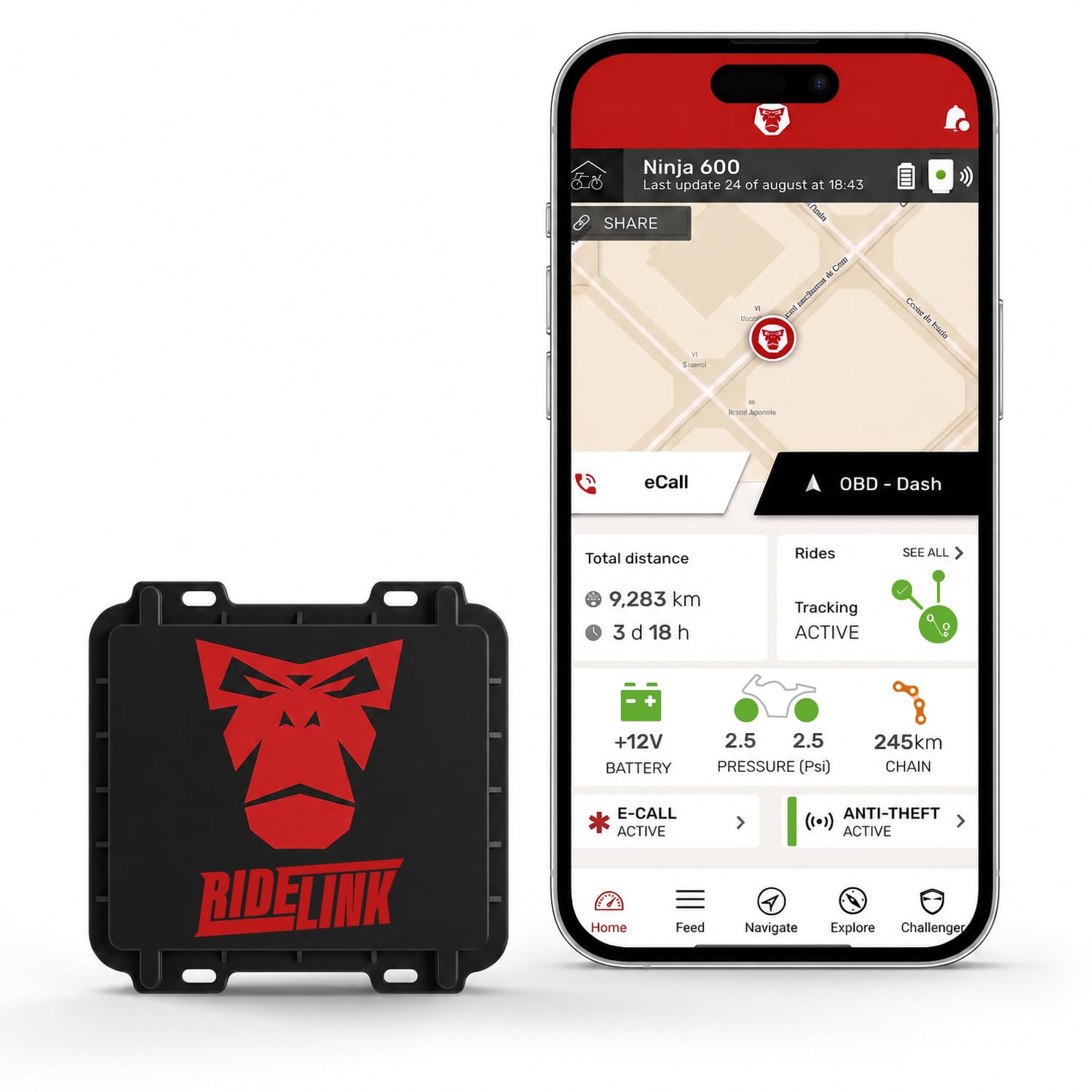 GPS Tracker Motorrad RideLink Wingman Pro Evo | 1 Hz Live Tracking, Diebstahlmelder & eCall | Motorrad Navigation, Routenplaner, Community | OBD2 Daten, Schräglage, Fahranalyse | IP67 | Made in Japan