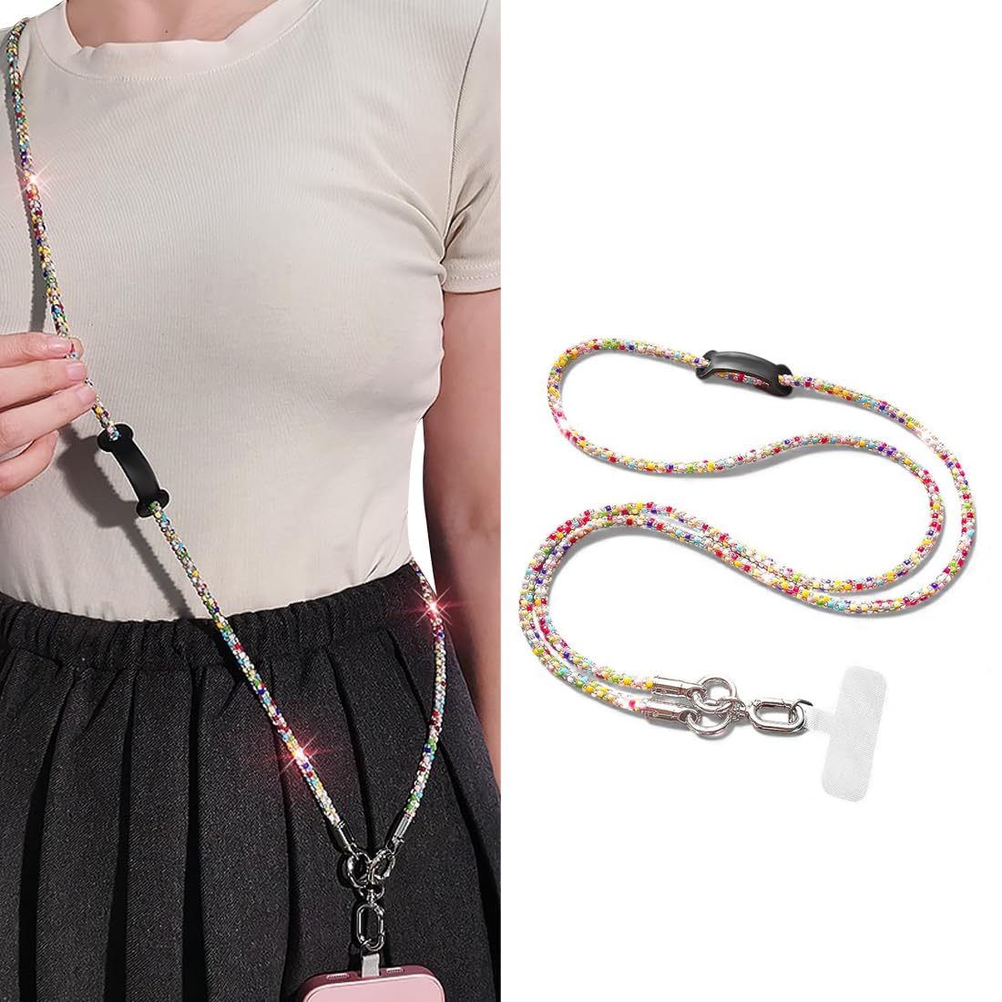 JYIXXZX Phone Lanyard Sparkling Rhinestones Crossbody Strap with Patch Universal Adjustable Diamond Neck Wrist Lanyard Anti-Theft Phone Strap for Most Smartphones (A)