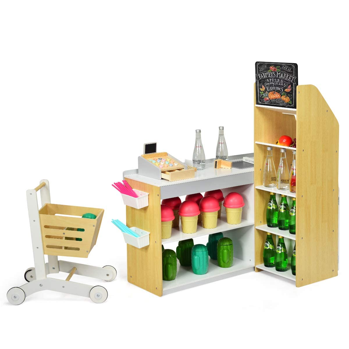 GYMAX Negozio Giocattolo per Bambini, Bancarella Mercato Giocattolo in Legno, con Carrello della Spesa, Supermercato Giocattolo Scanner, Pos, Carta di Credito e Monete di Legno, 90 x 62 x 111 cm