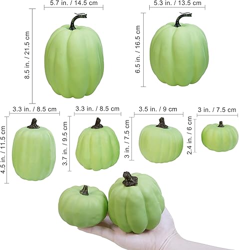 Miniatura 2 de Winlyn 7 calabazas artificiales de cosecha de color verde claro surtidas para Acción de Gracias, Halloween, otoño, mesa de boda, centro de mesa,