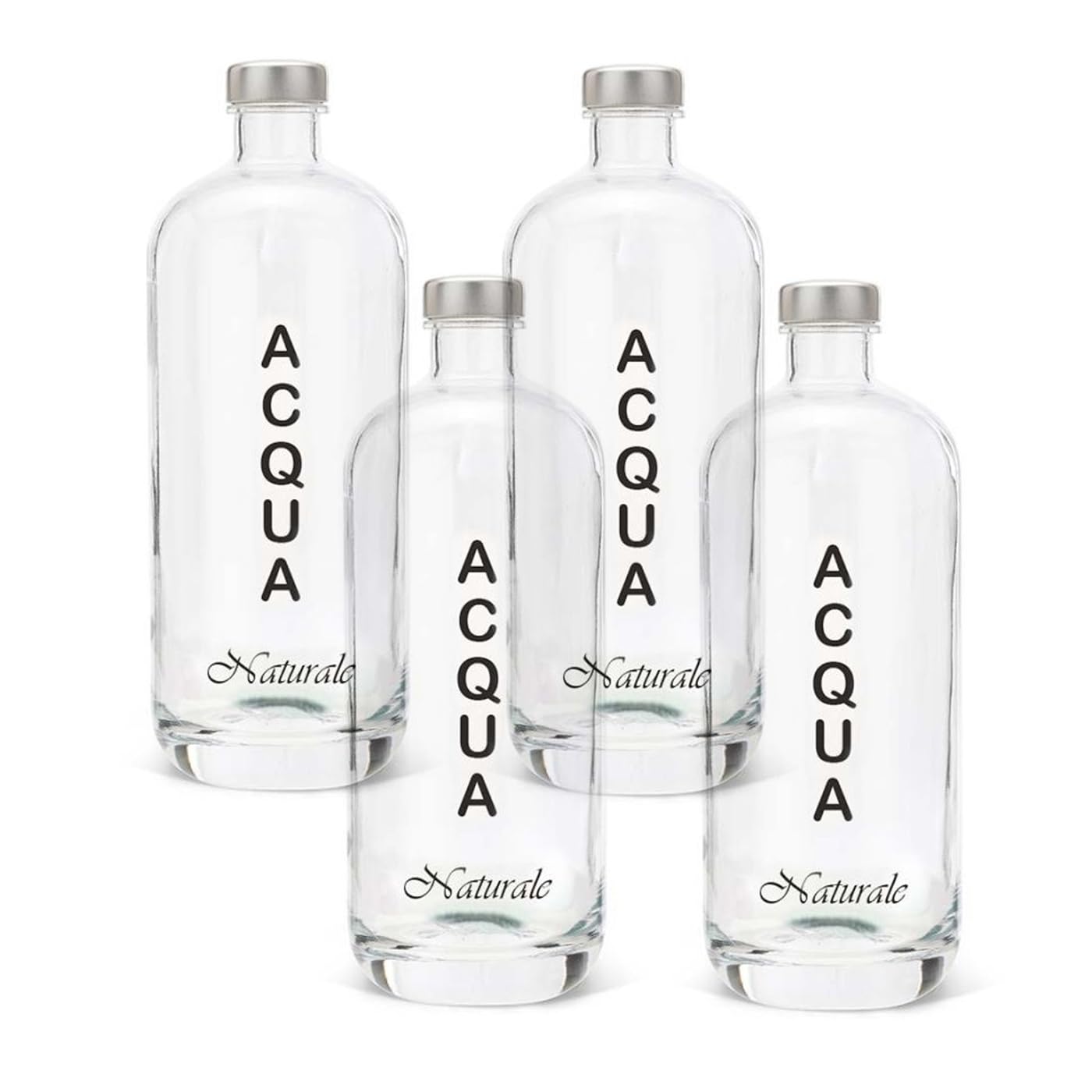 Juego de 4 botellas de cristal modelo Artemide, 1 litro, serigrafía 4 natural, tapón de rosca color plata | Botella de cristal agua