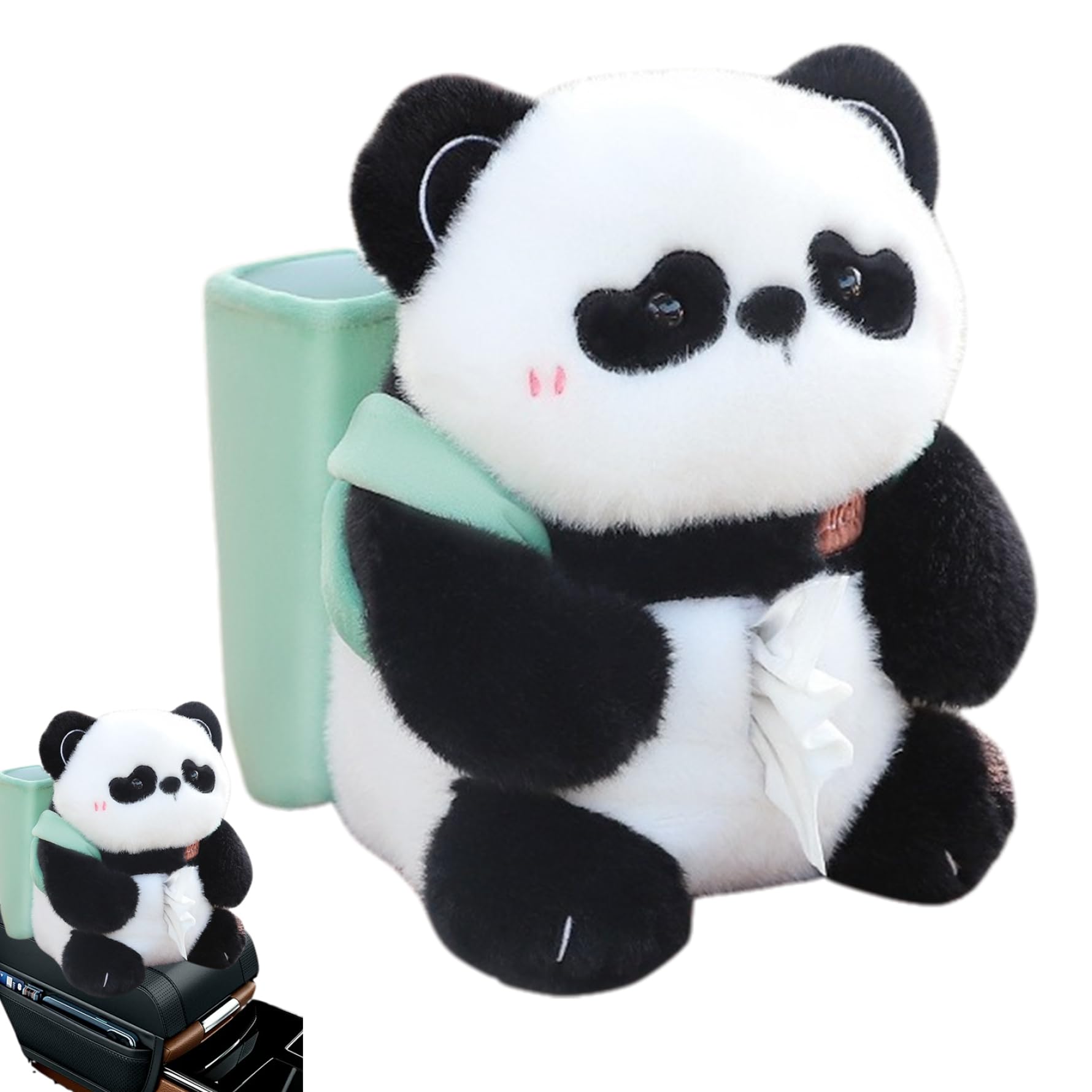 Plush Panda Car Tissue Box Holder 2-in-1, Funny Animal Tissue Dispenser Trash Can for Car Armrest (Black White)
