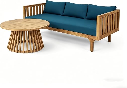 Lounge Chairs for Poolside- 2 Piece Outdoor Patio Furniture Set, Acacia Wood 3-Seater Patio Sofa with Cushions & Round Fluted Coffee TableColorBlue