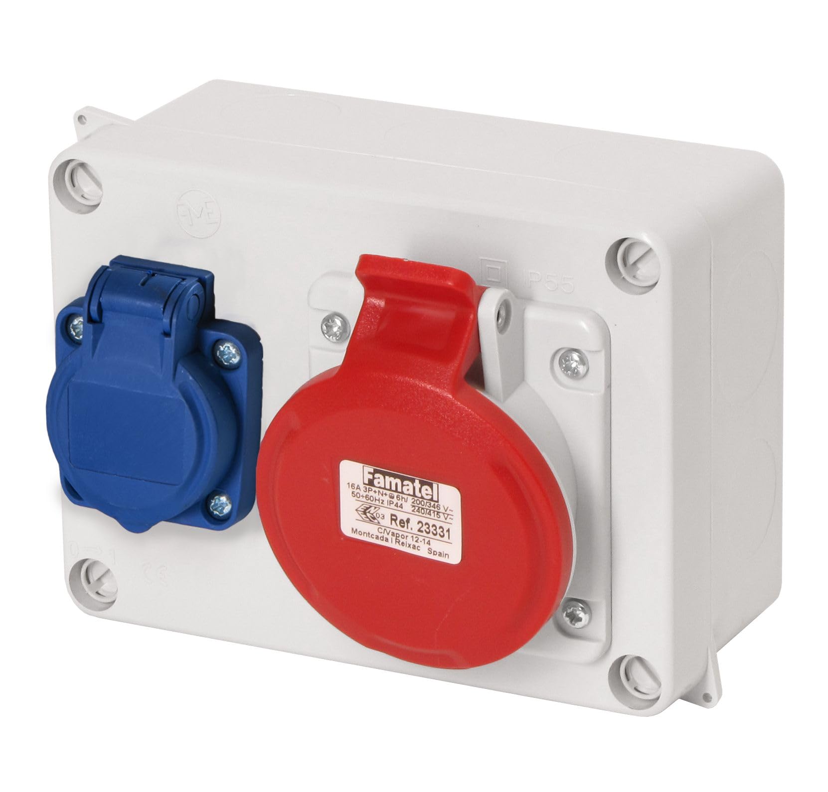 FAMATEL - Caja estanca IP44 | 1 toma 2P+TTL 16A | 250V | 1 toma 3P+T 16A | 380V | Azul y Rojo