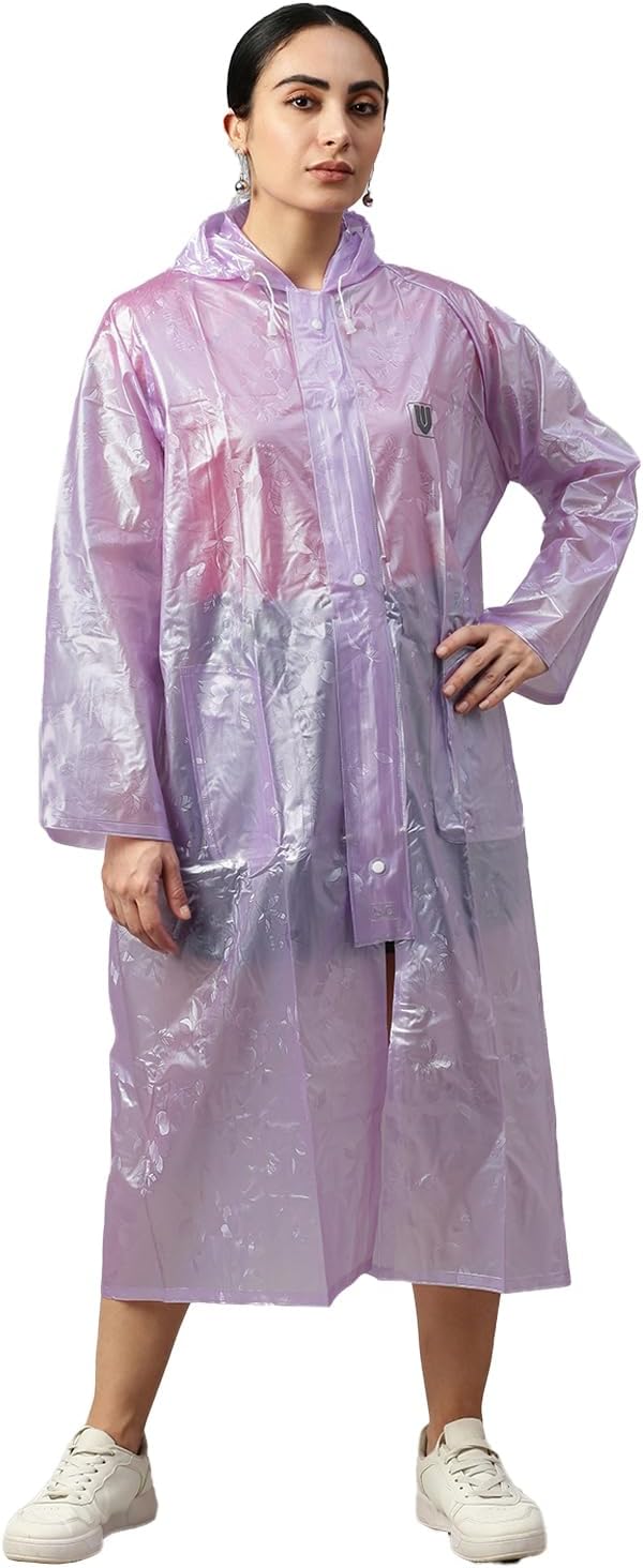 Women's Floral Printed Lavender PVC Waterproof Petals Standard Length Long Sleeves With Adjustable Hooded & Zipper Raincoat For Rainy Weather (Size : L)