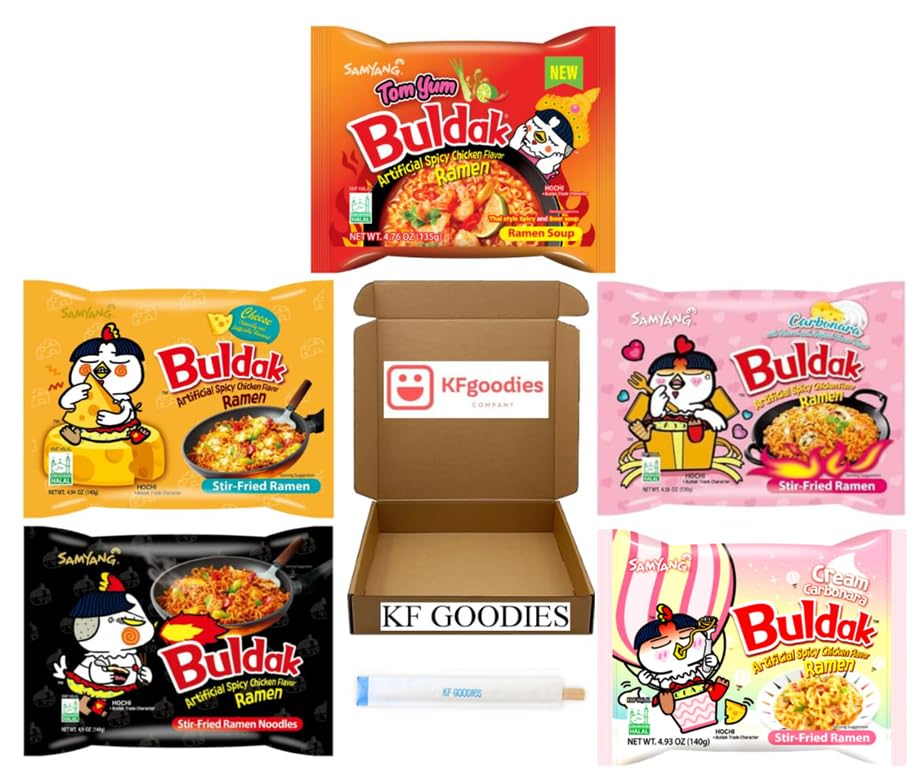 Samyang Buldak Hot Spicy Chicken Ramen Noodle Korean Stir-Fried Ramen (5 Pack, Carbonara, Cream Carbonara, Cheese, Original, Tom Yum)