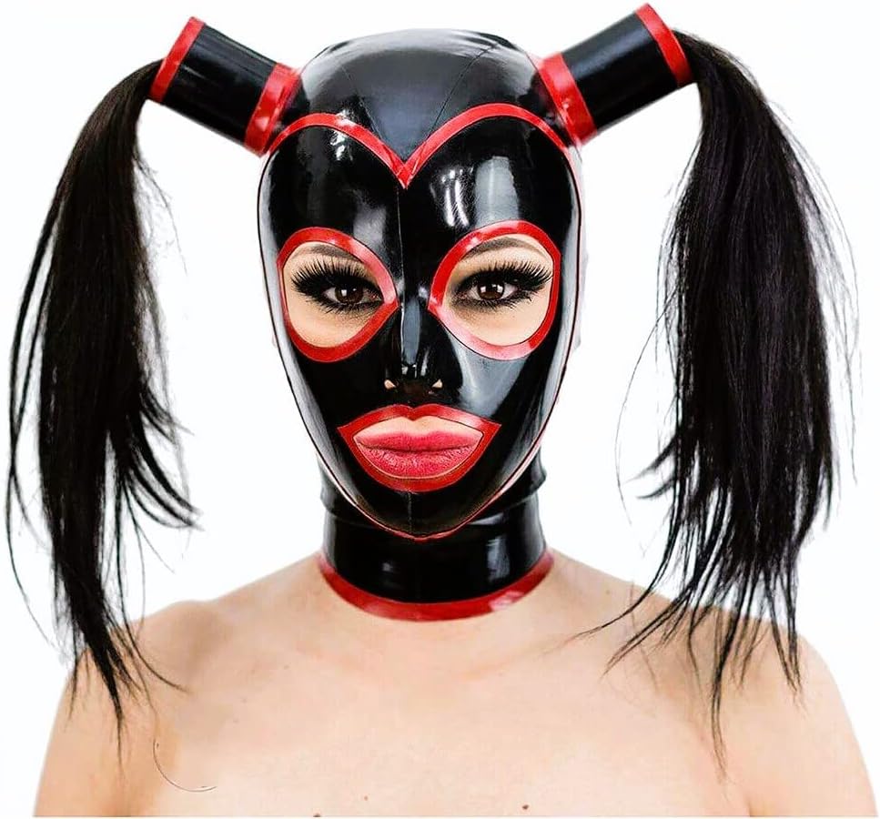 Latex Hood with Braids and Red Trim, Full Cover with Zipper for Master, Queen, Sex, BDSM, Party, Cosplay, Holiday