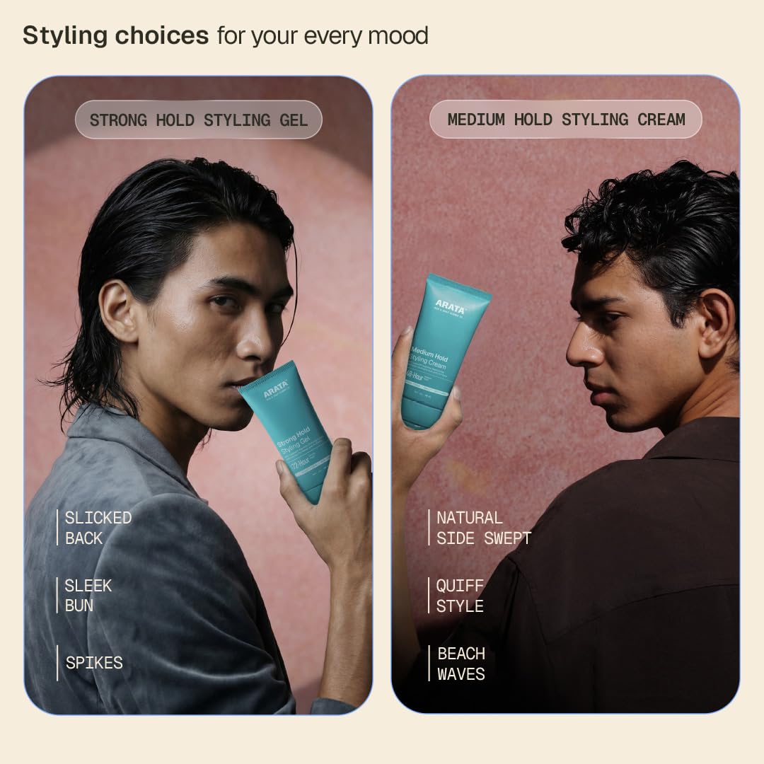 Arata Styling Combo of 2 - Hair Cream (50 ML) & Styling Hair Gel (50 ML) | For Glossy & Matte Looks | Soft & Strong Hold | Defined, Frizz-Free Hair | Adds Texture & Boosts Moisture | For All Hair Types 3