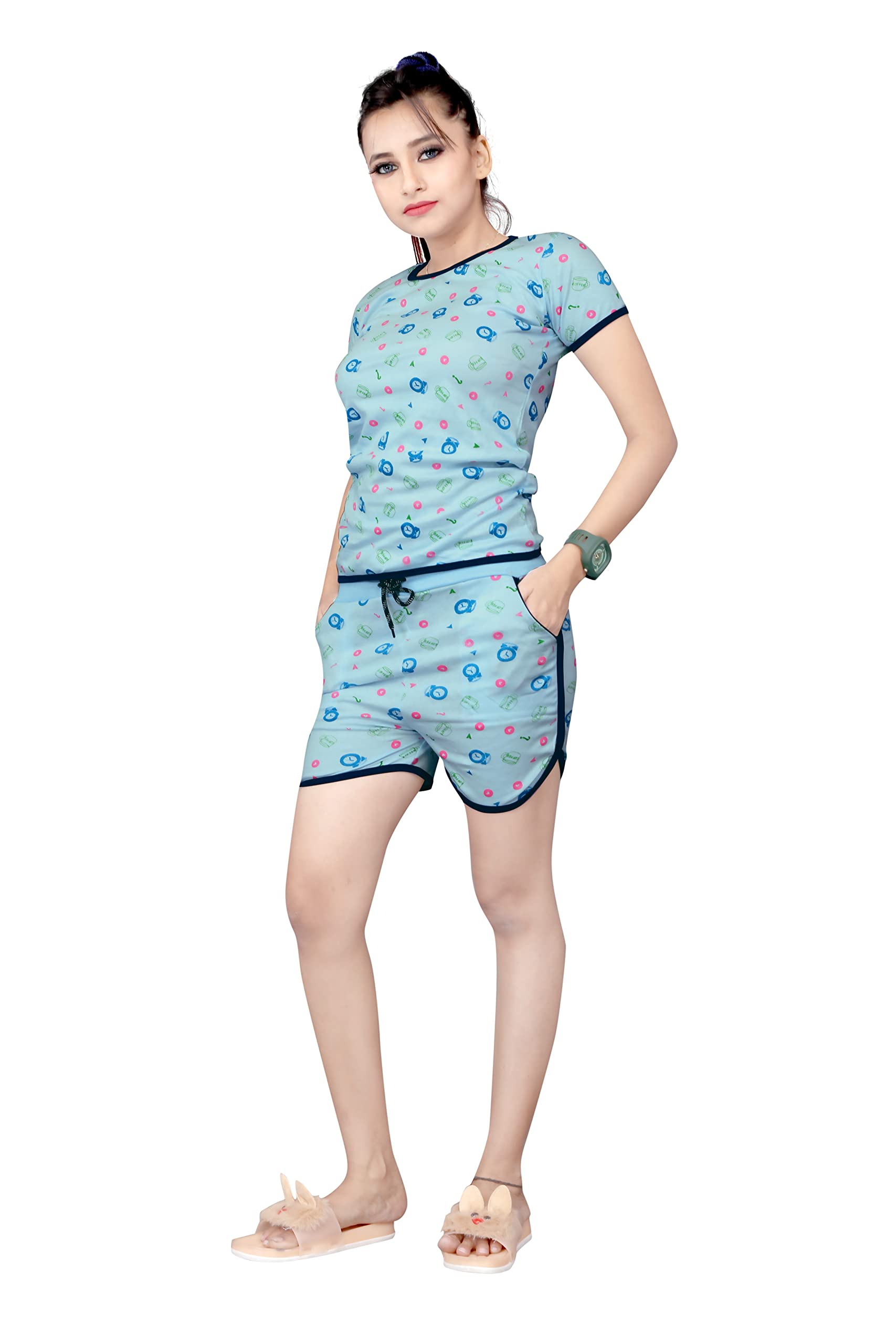 Aj FashionWomen’s Coffee Printed Cotton Night Suit Set Top & Shorts(Size:-S,M,L)