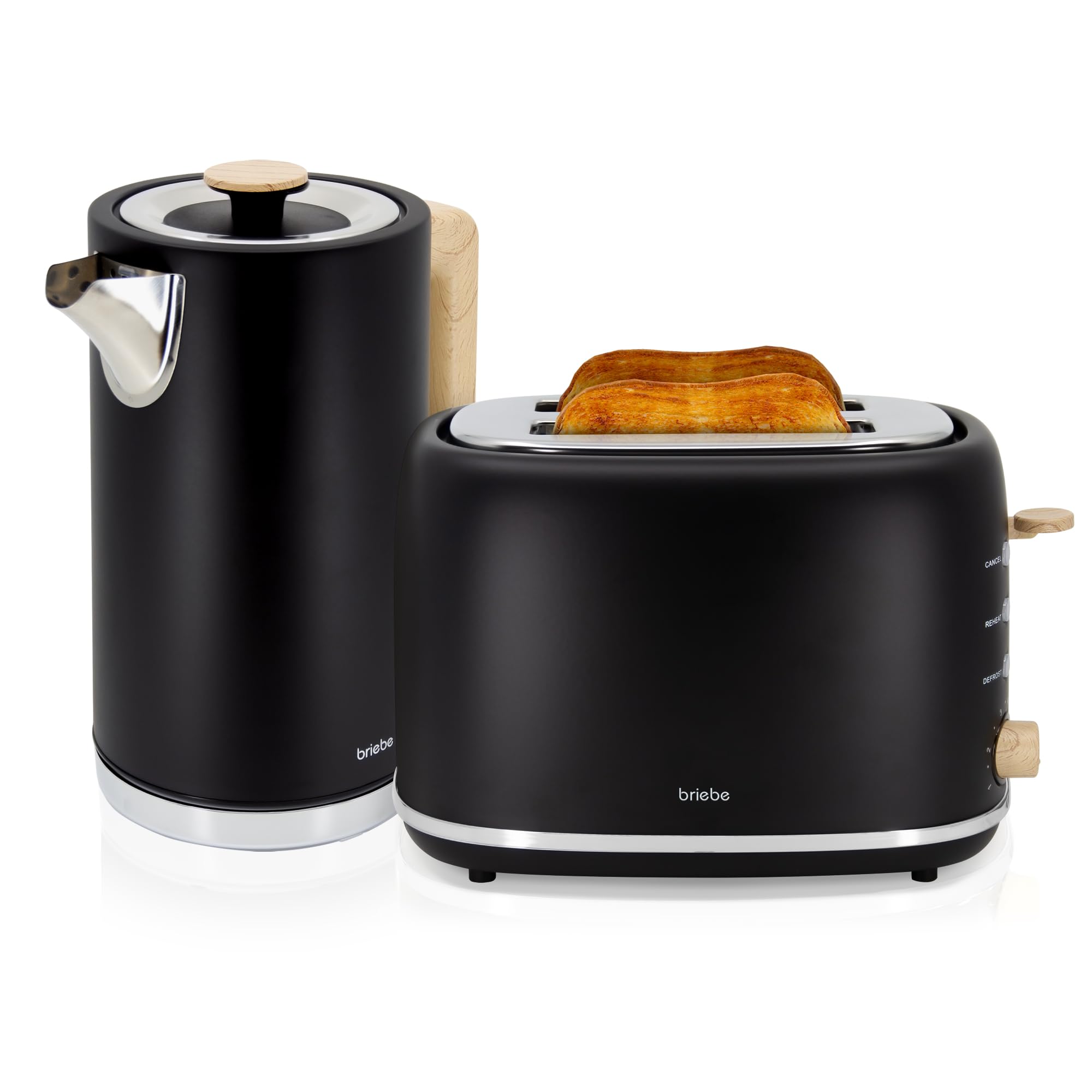 briebe Nordic Ensemble Grille Pain 2 Fentes Tranches Larges, 6 Niveaux de Dorage + Bouilloire Électrique 1,7 L sans Fil, 2200 W, sans BPA, Pack Petit Déjeuner Électroménager, Design Nordique, Noir