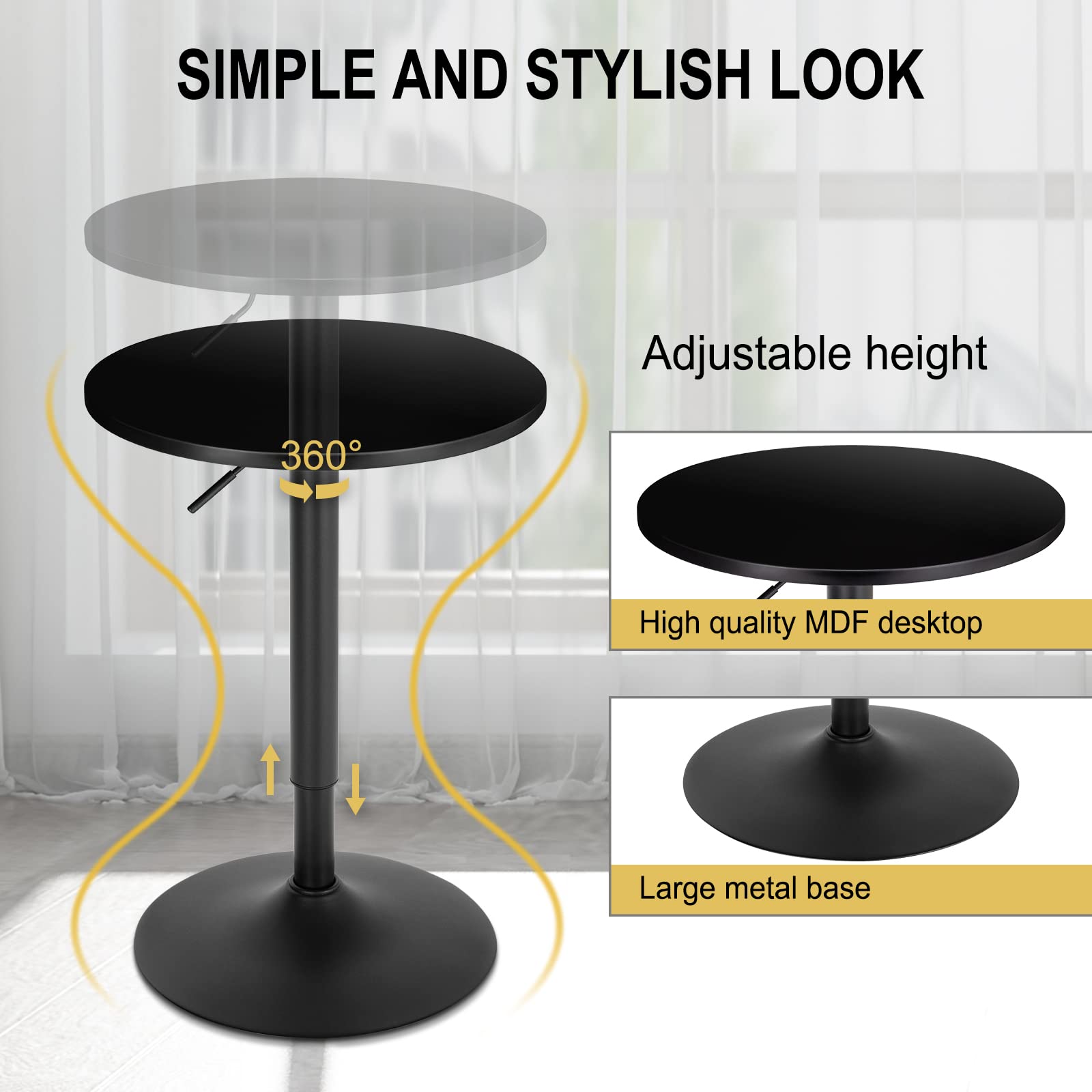 WOLTU Bartisch Stehtisch, höhenverstellbarer Tisch 70-91 cm, multifunktionaler Partytisch in Wohnzimmer Küche Balkon, Bistrotisch aus MDF Metall, Schwarz, 52x52x91cm