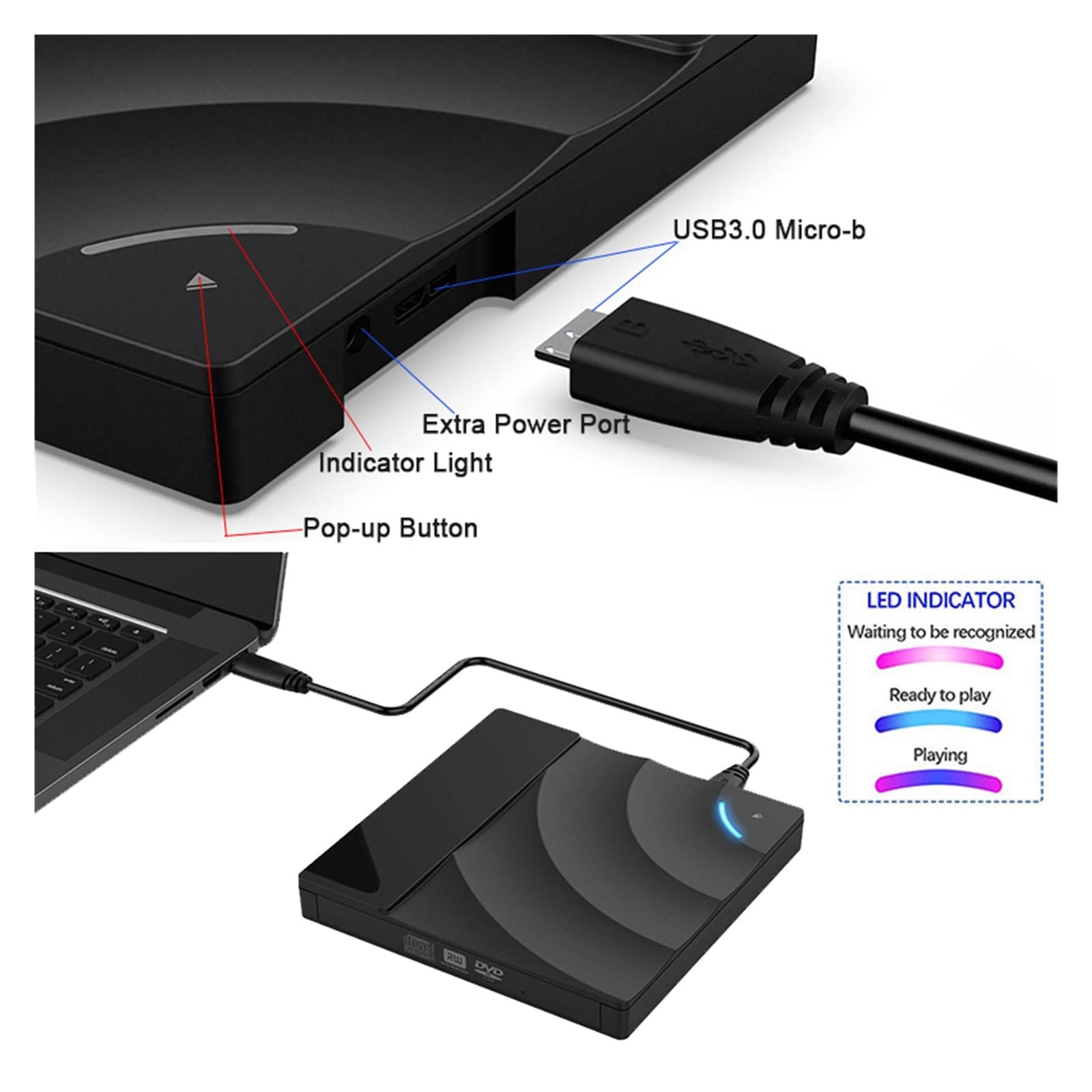 Portatile ad alta velocità USB 3.0 CD DVD-RW Unità ottica Lettore di dischi Slim esterno Desktop PC Laptop Tablet Promozione Lettore DVD(Oranje)