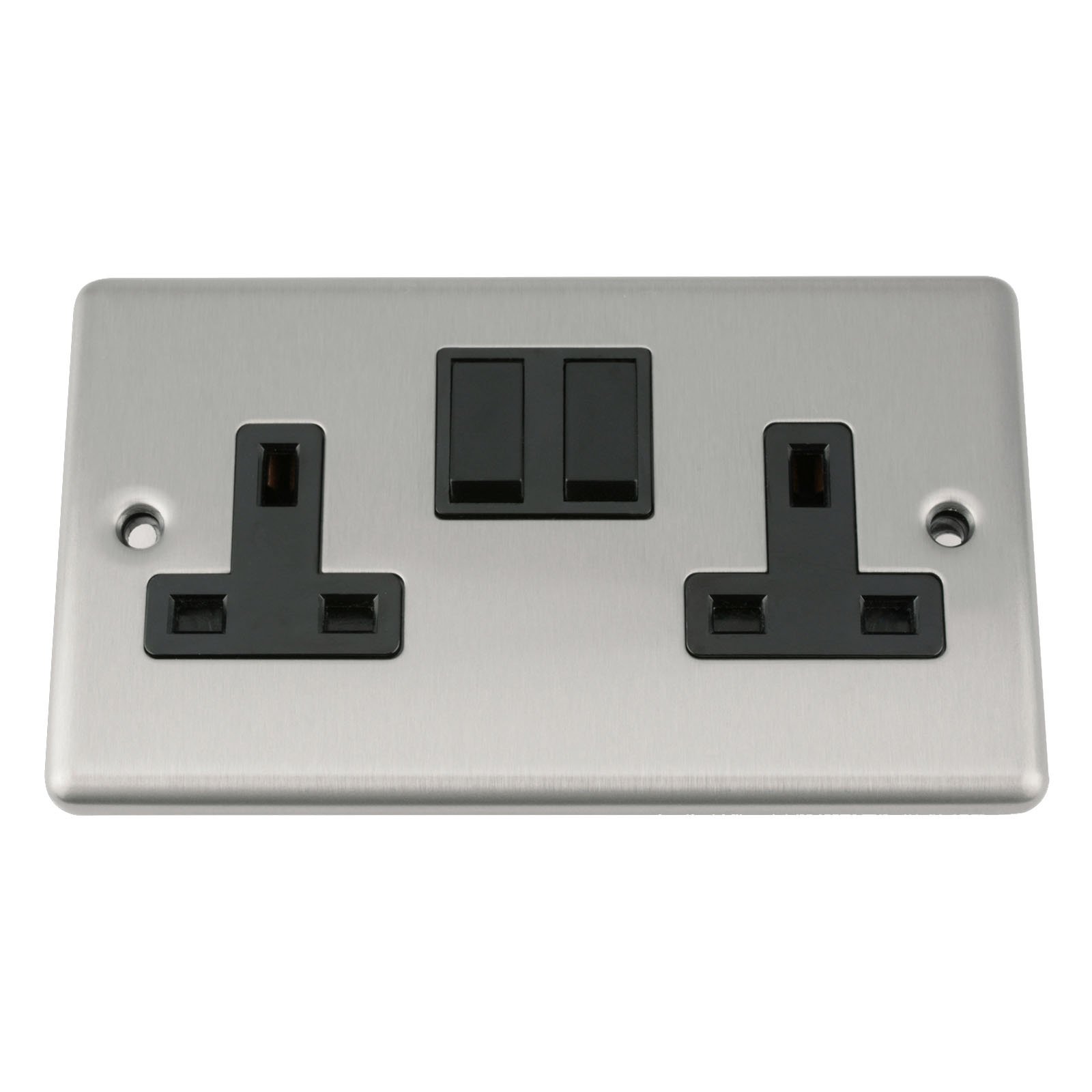 Wall Double Socket 2 Gang - Satin Matt Chrome Classic - Black Insert - Plastic Rocker Switch