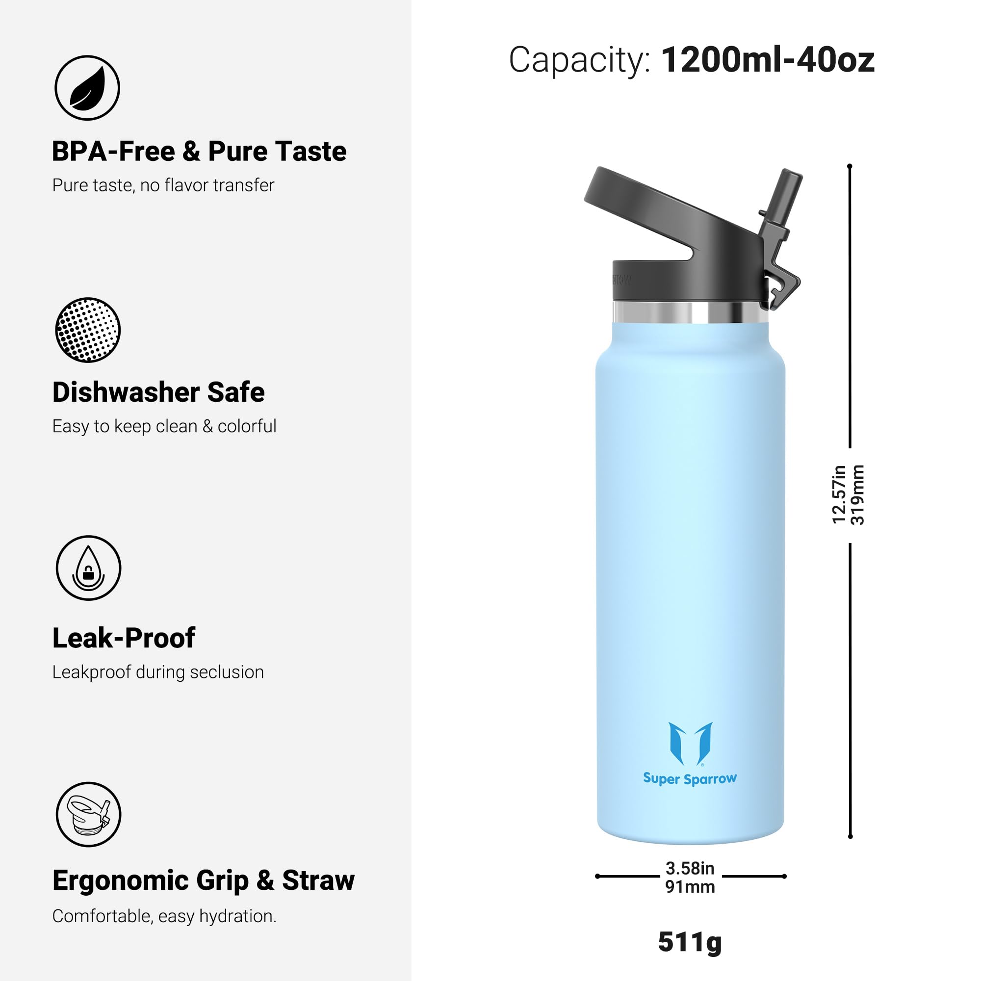 Super Sparrow Borraccia Termica - 500ml, 750ml, 1000ml, 1.2L, 1.5L- SwivelSip Inox Bottiglia - Senza BPA Borracce Termiche, Borraccia Ergonomica per Bambini, Sportiva, Bici, Campeggio, Palestra