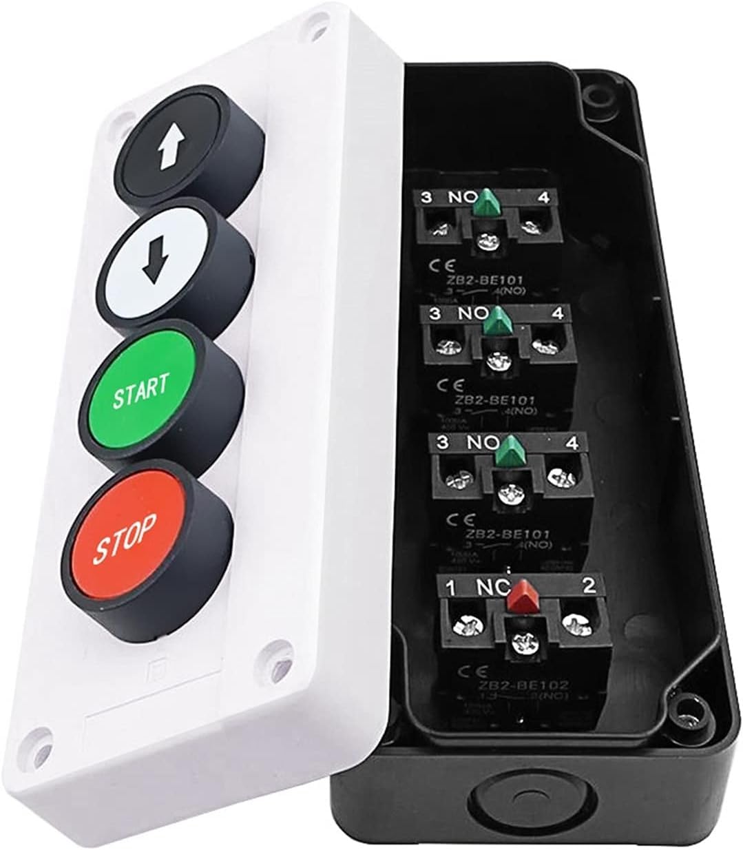 Switch 22mm Push Button Switch White Control Waterproof Switch Box 4 Holes with Arrow Stop Button Industrial Control Box 165 * 68mm