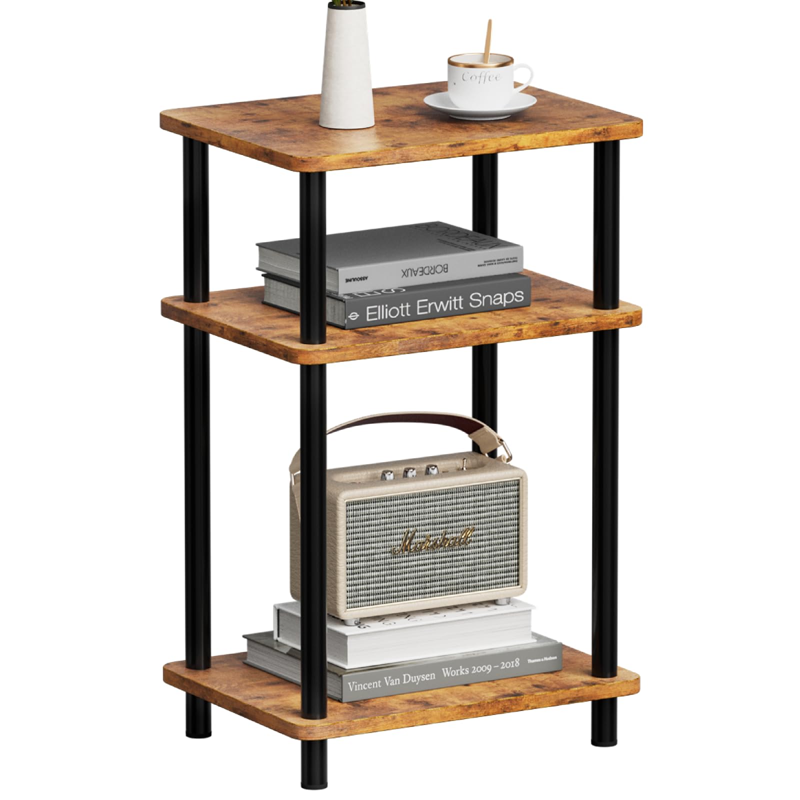 Apicizon 3 Tier End Table, Boho Side Table with Storage Shelf, Nightstand Bedside Table for Small Spaces, Bedroom, Living Room, Entryway, Farmhouse, Easy Assembly,Brown