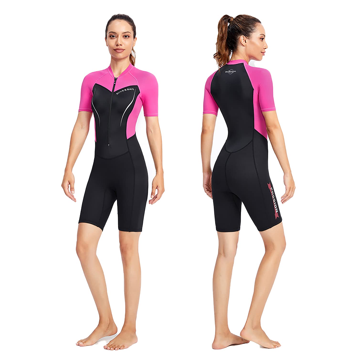 OttoBen Traje de neopreno para hombre y mujer, fino, 1,5 mm, manga corta, estampado, snorkeling, natación, surf, verano, protección solar, parte superior de nailon térmico, pantalones cortos de buceo.