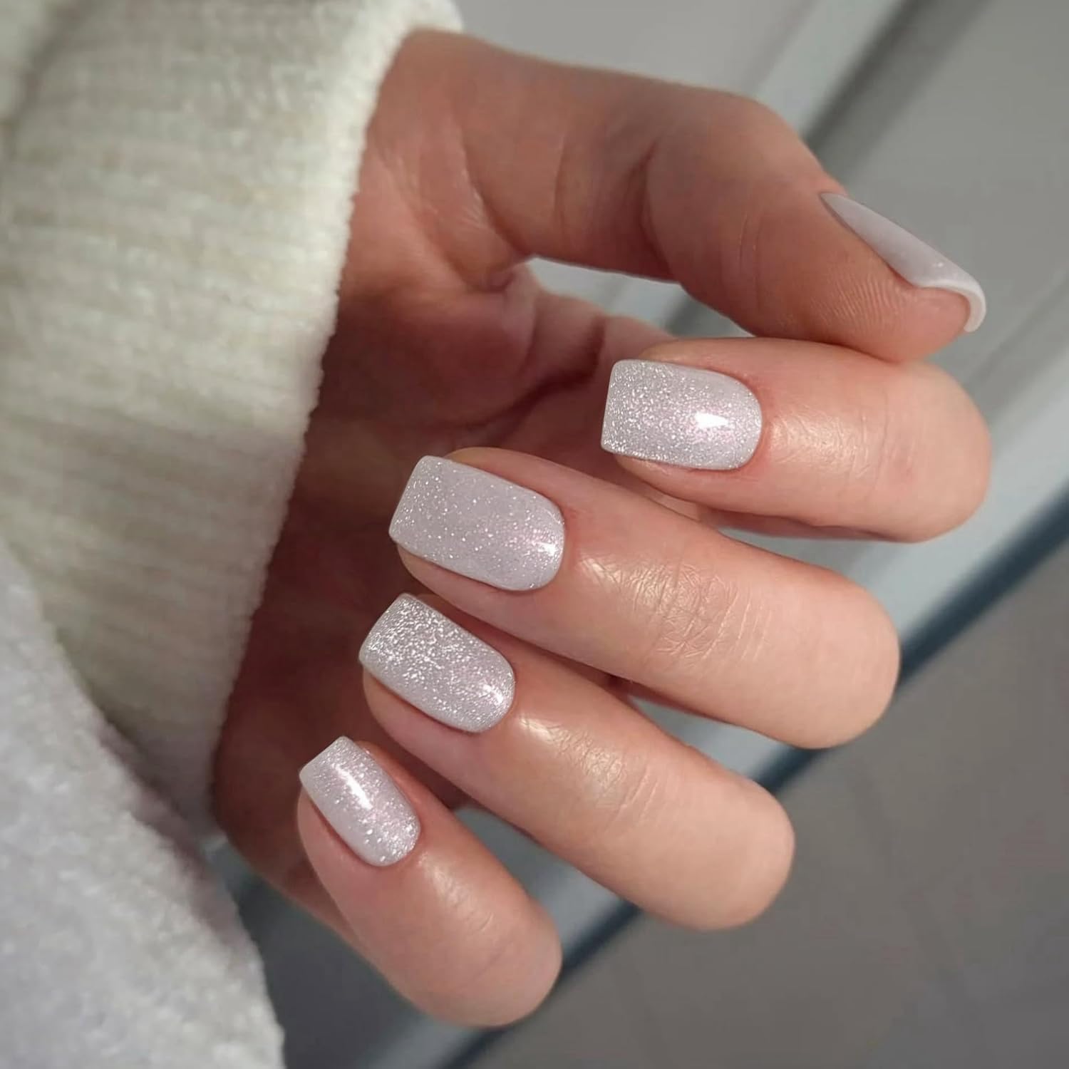 White Cat Eye False Nails Glitter, SXVME Press on Nails Short Square, Sparkly Shiny Fake Nails With Design
