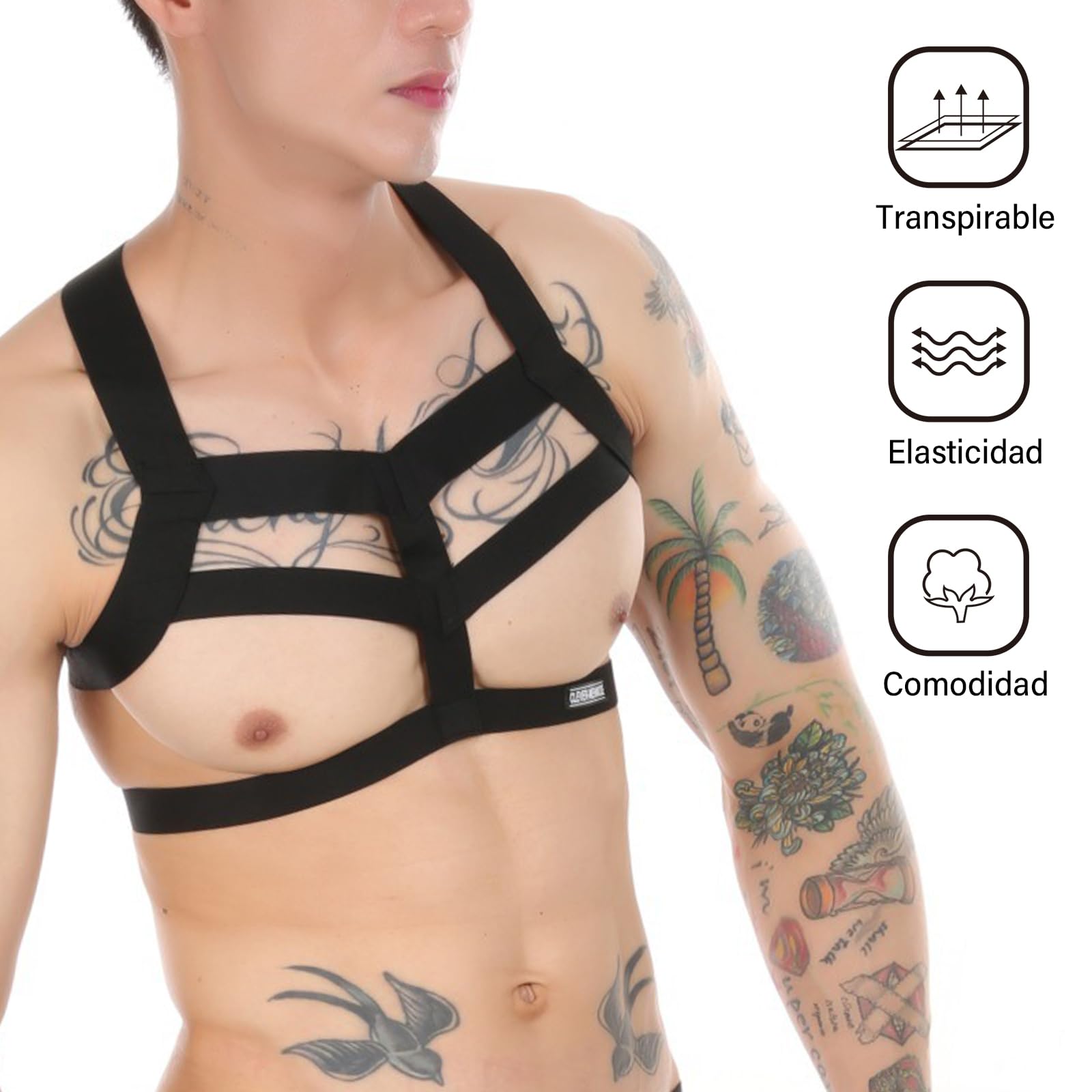 Uomo Imbracatura Cintura Nylon Elastico Corpo Petto Tracolla Sexy Halter Cosplay Club Wear (H-Nero)